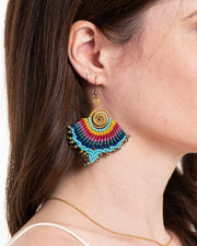 Turquoise Rainbow Waxed String Spiral Brass Earrings
