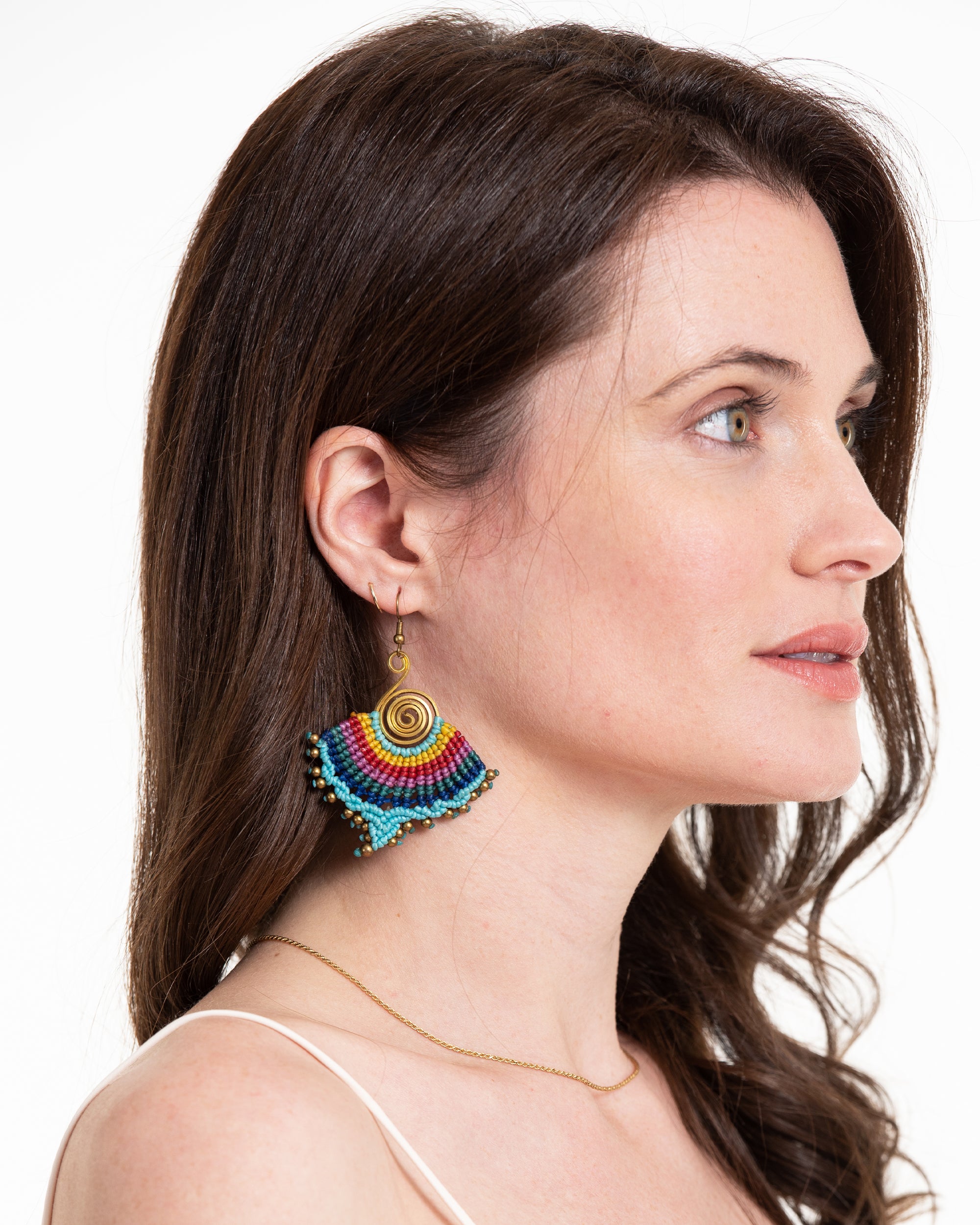 Turquoise Rainbow Waxed String Spiral Brass Earrings