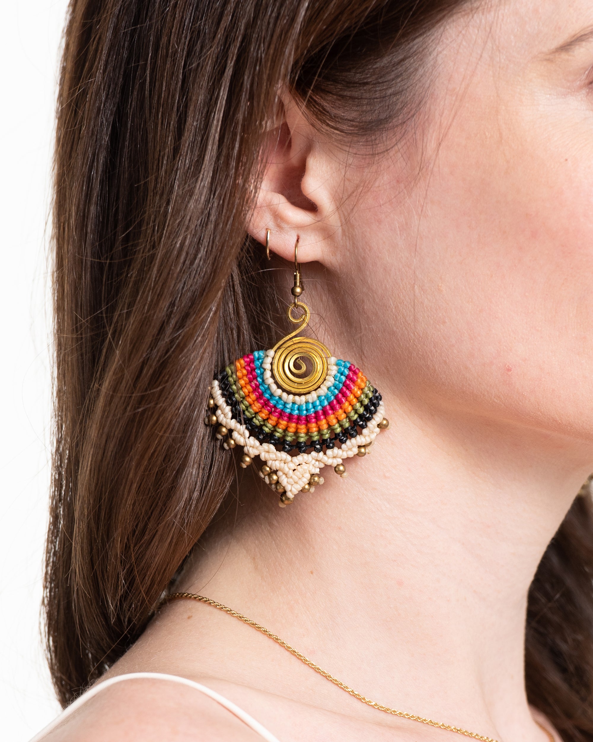 White Rainbow Waxed String Spiral Brass Earrings