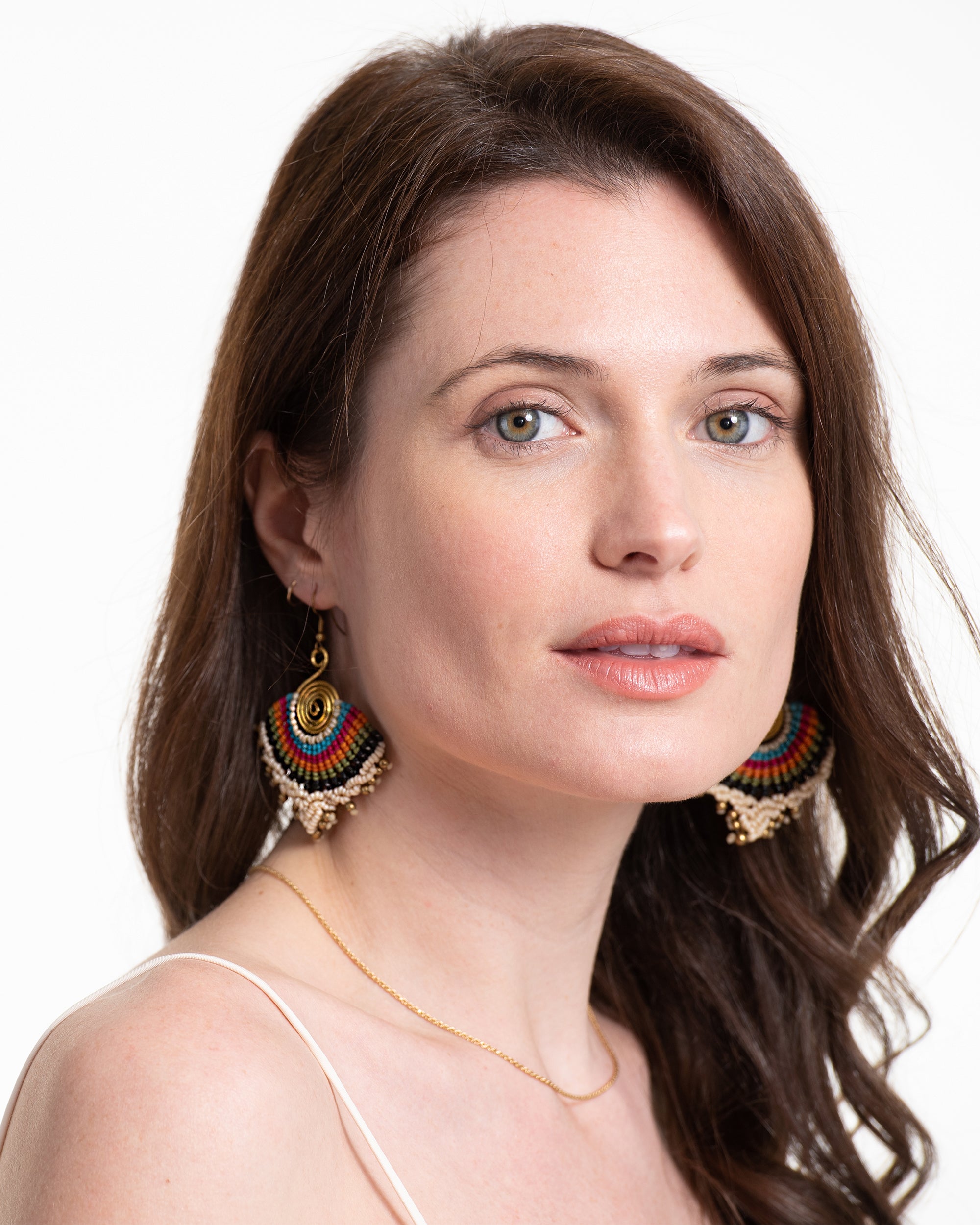 White Rainbow Waxed String Spiral Brass Earrings