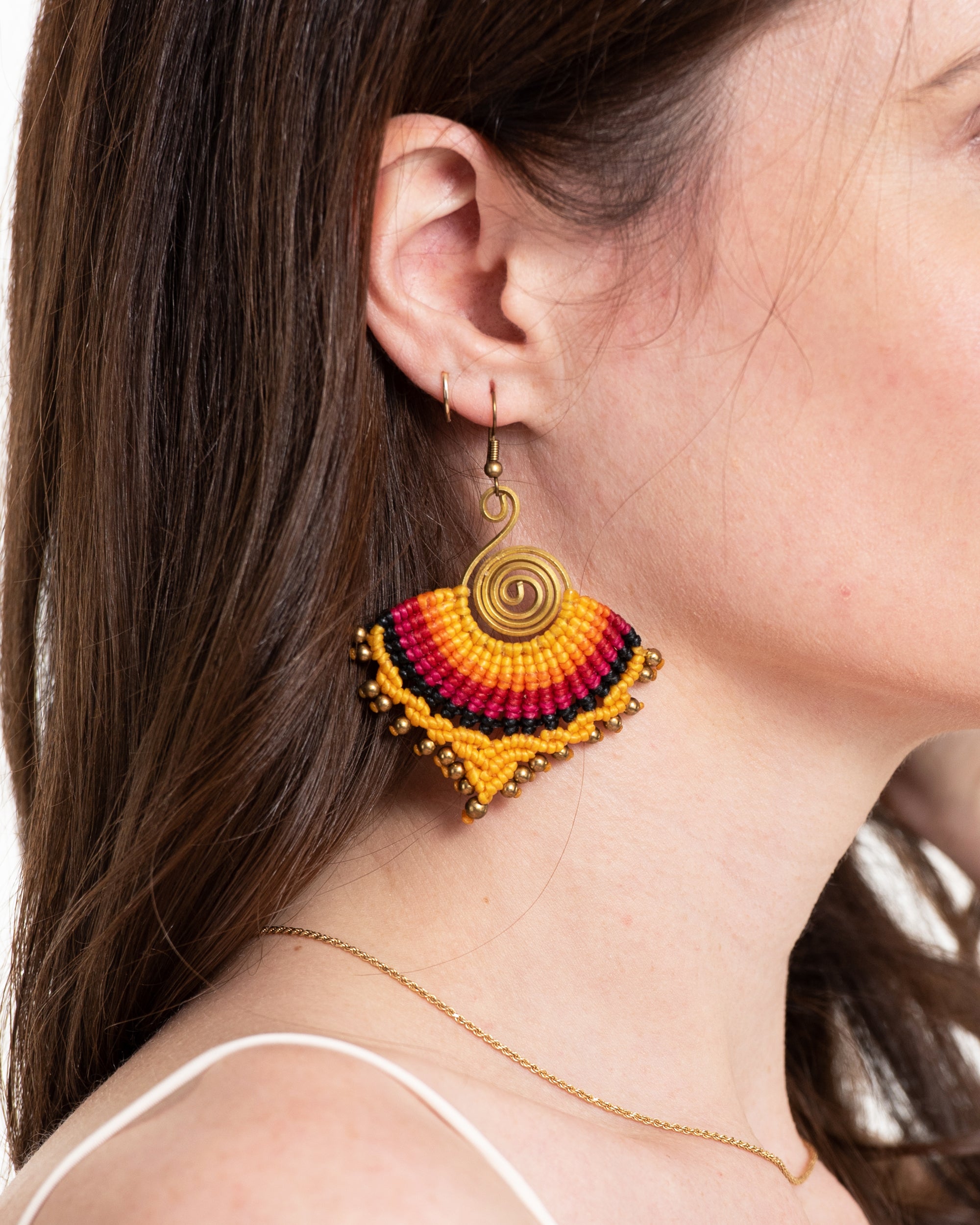 Yellow Sunset Waxed String Spiral Brass Earrings