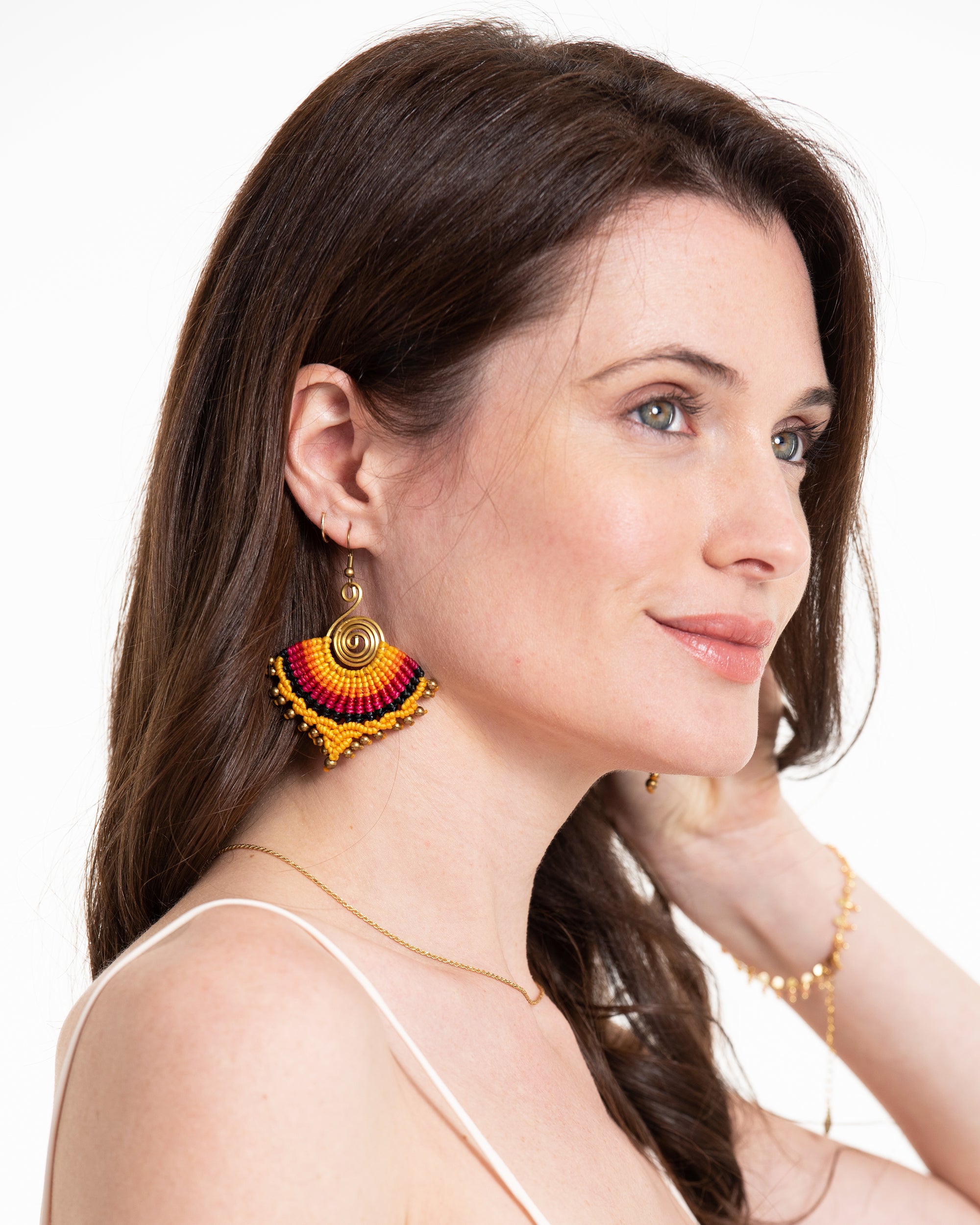 Yellow Sunset Waxed String Spiral Brass Earrings