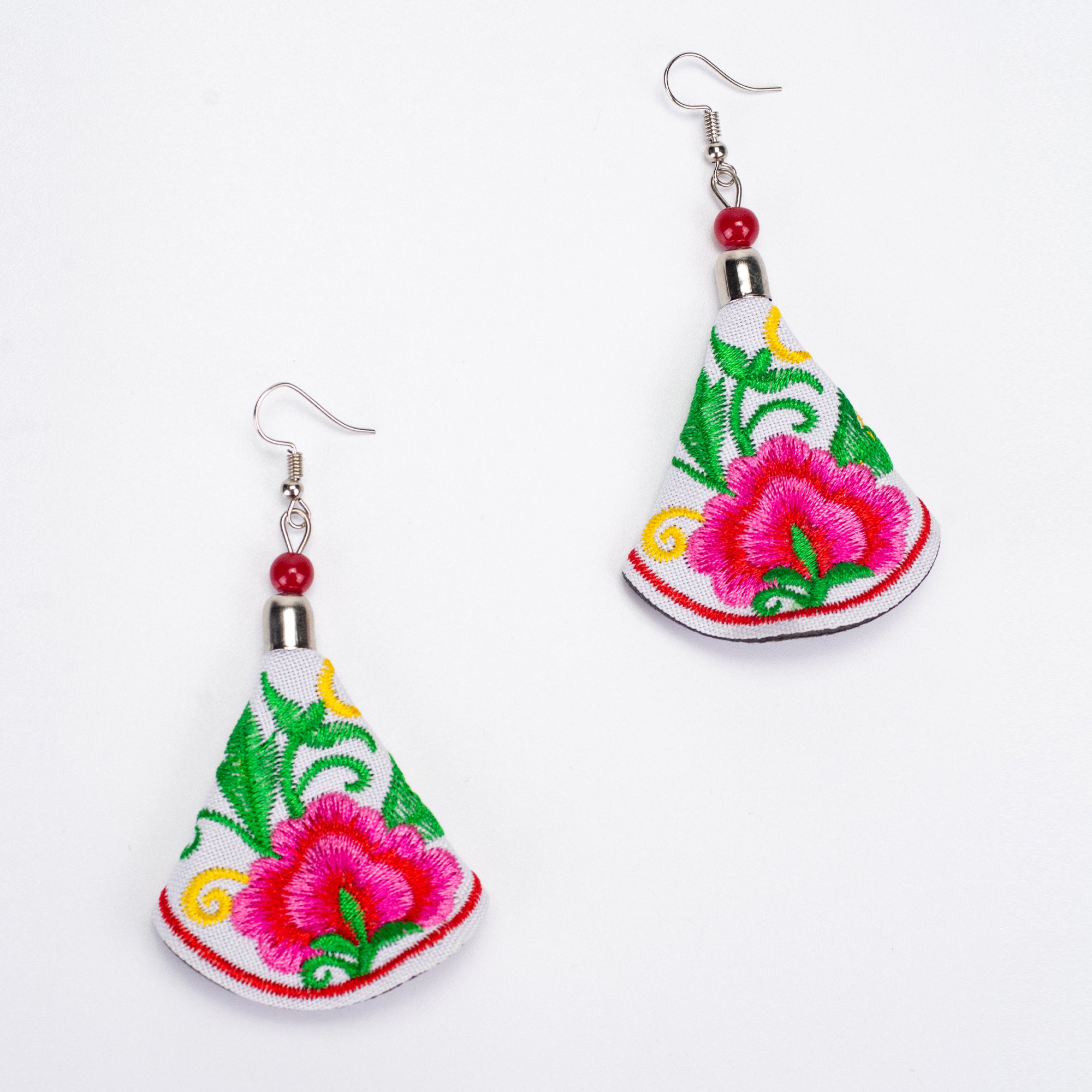 White Pink Hill Tribe Embroidery Earrings