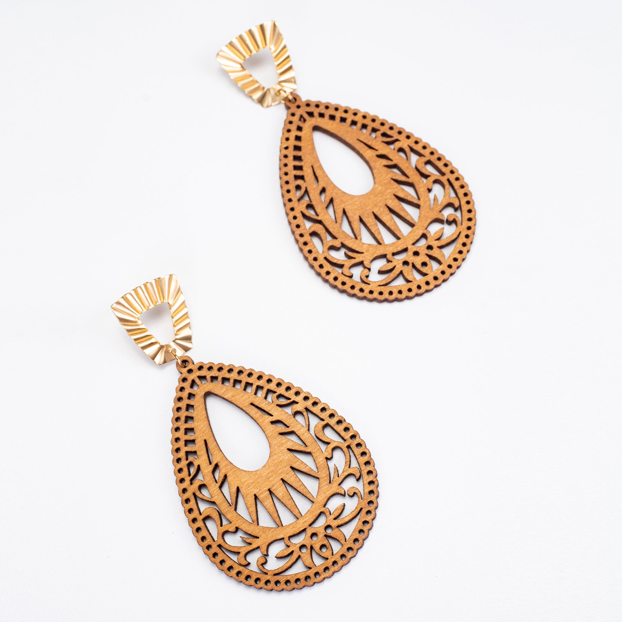 Teardrop Carved Wood Earrings