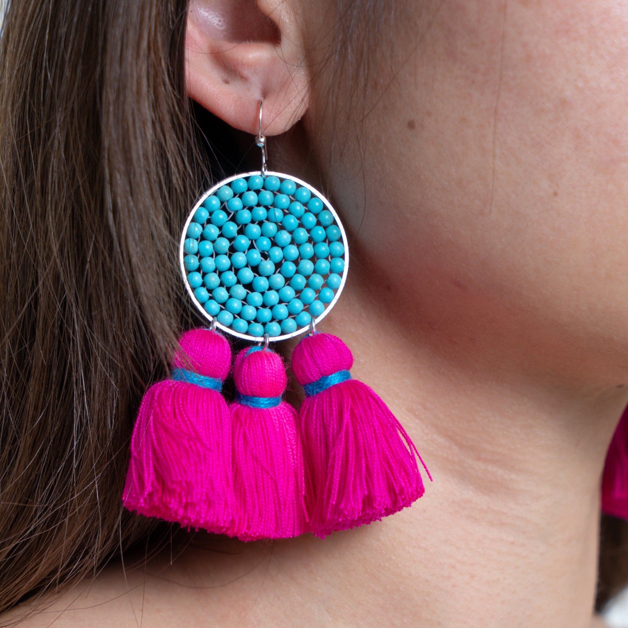 Circle Beaded Tassels Earrings in Pink