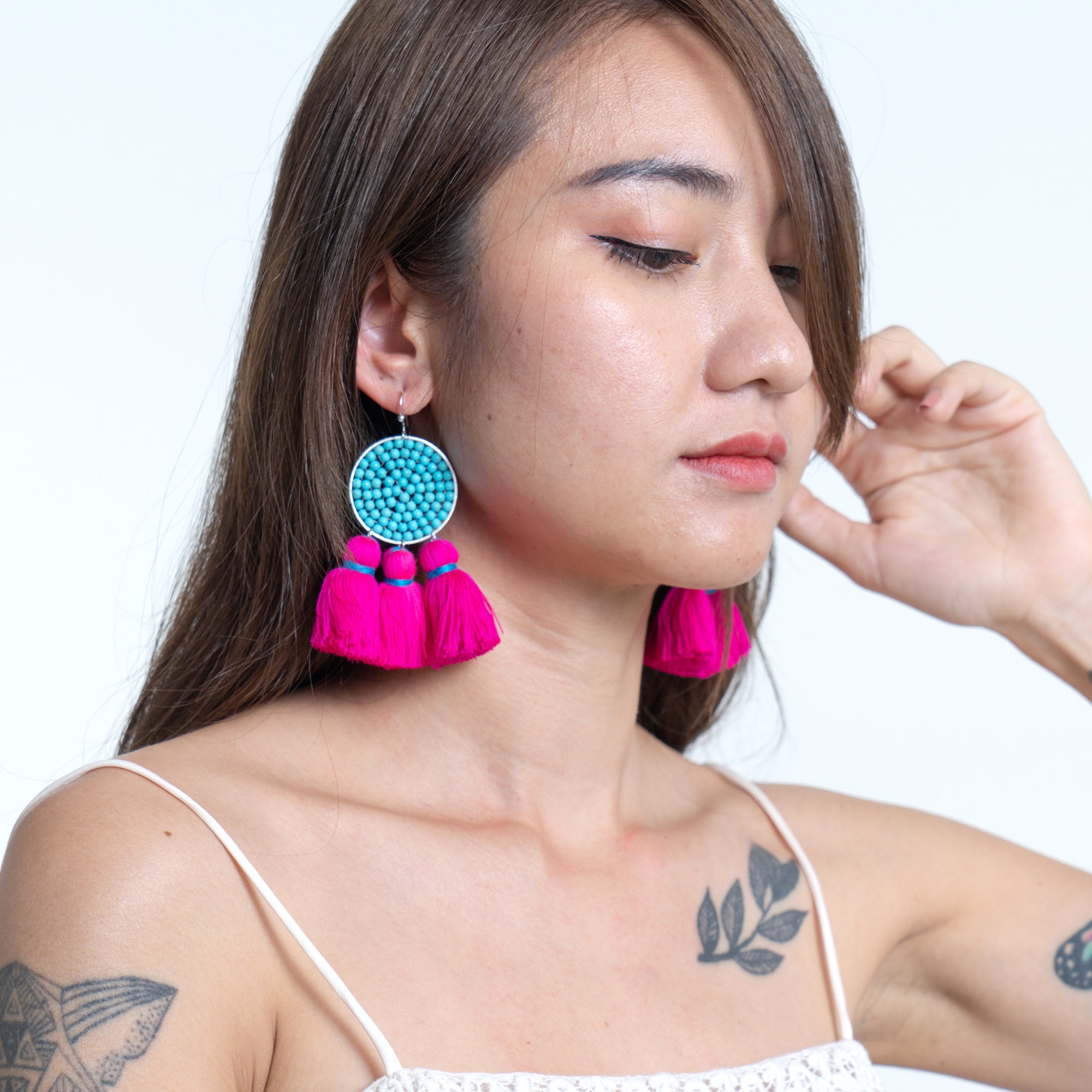 Circle Beaded Tassels Earrings in Pink