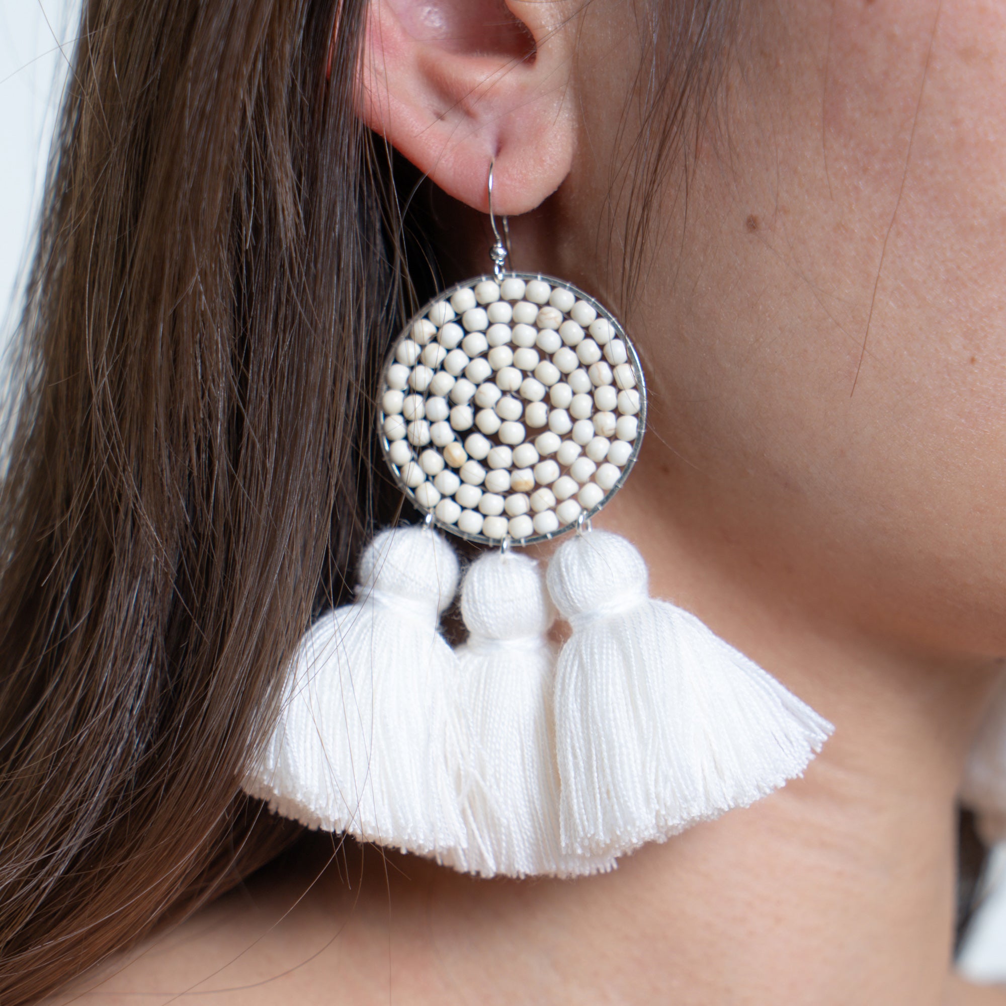 Circle Beaded Tassels Earrings in White