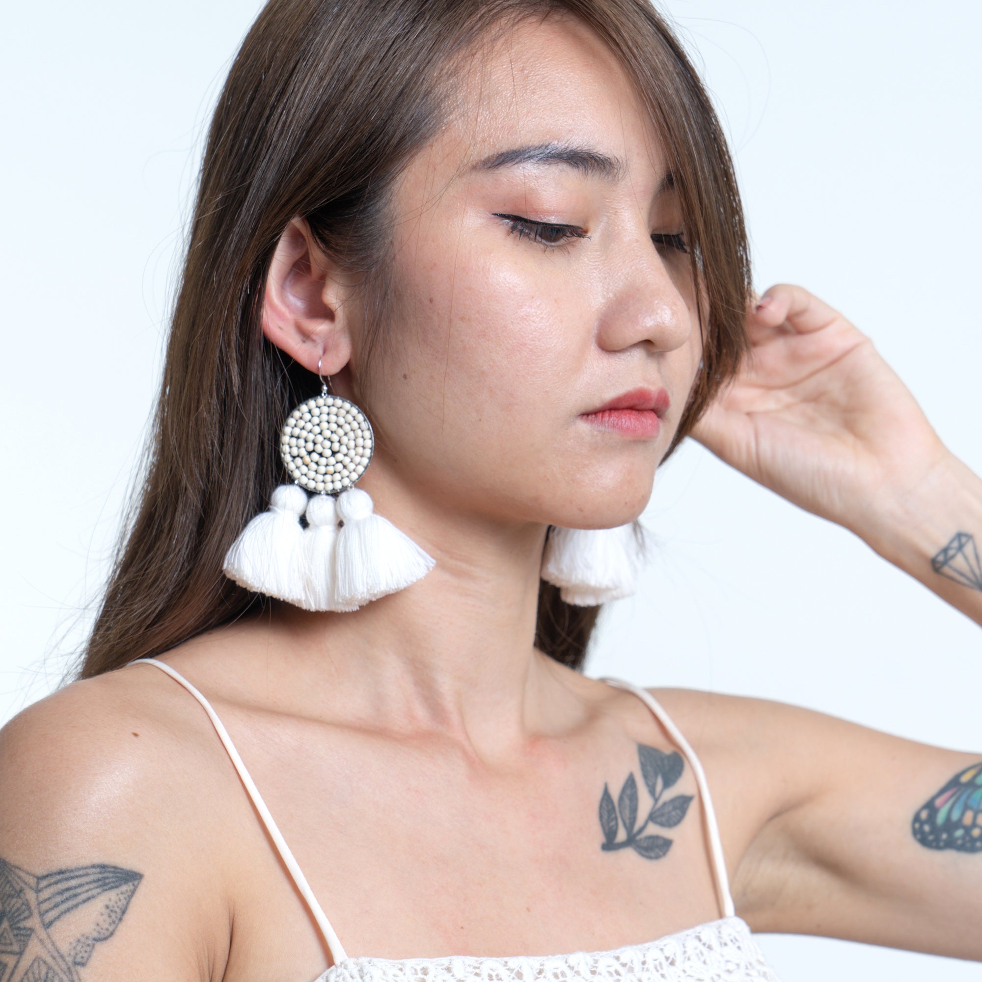 Circle Beaded Tassels Earrings in White