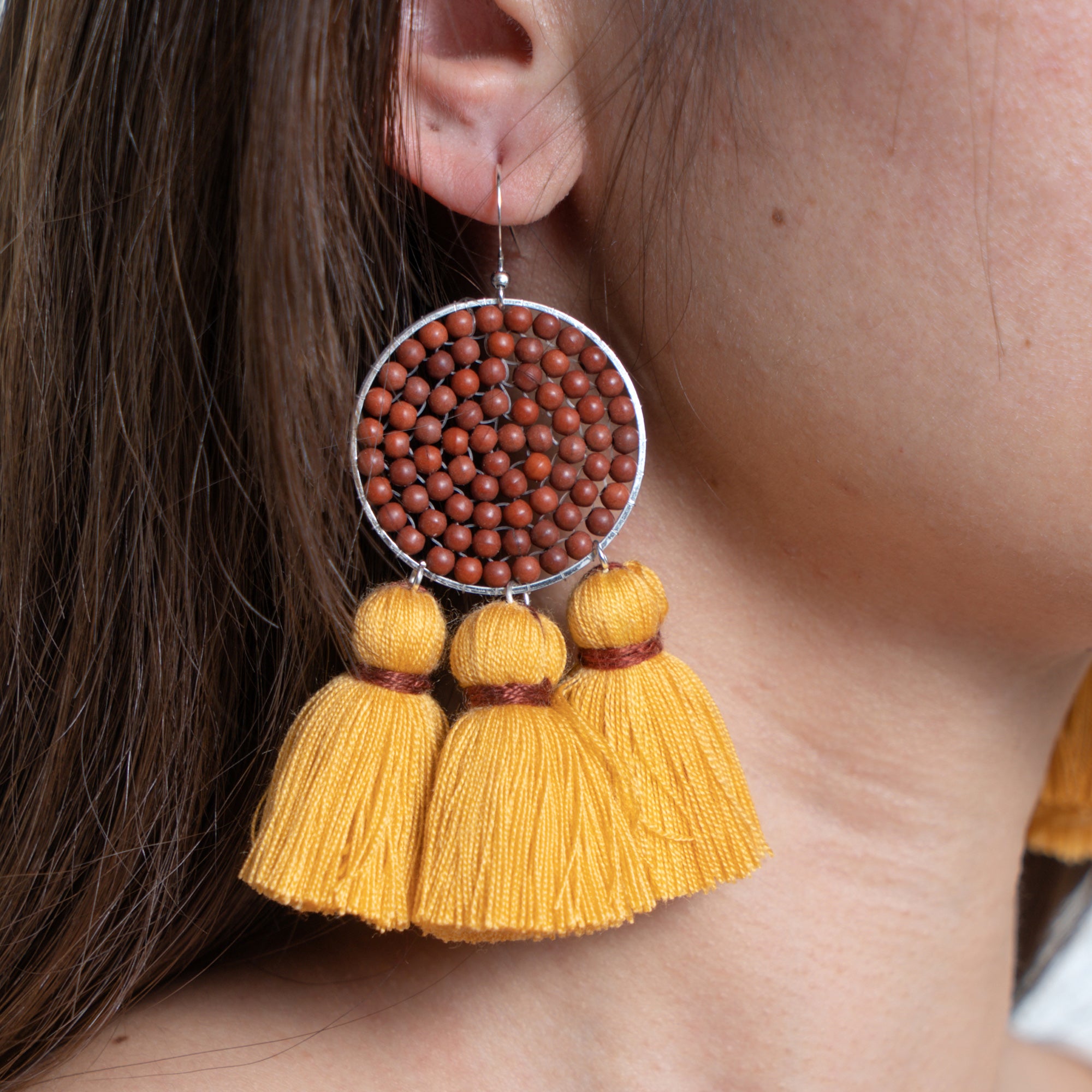Circle Beaded Tassels Earrings in Yellow