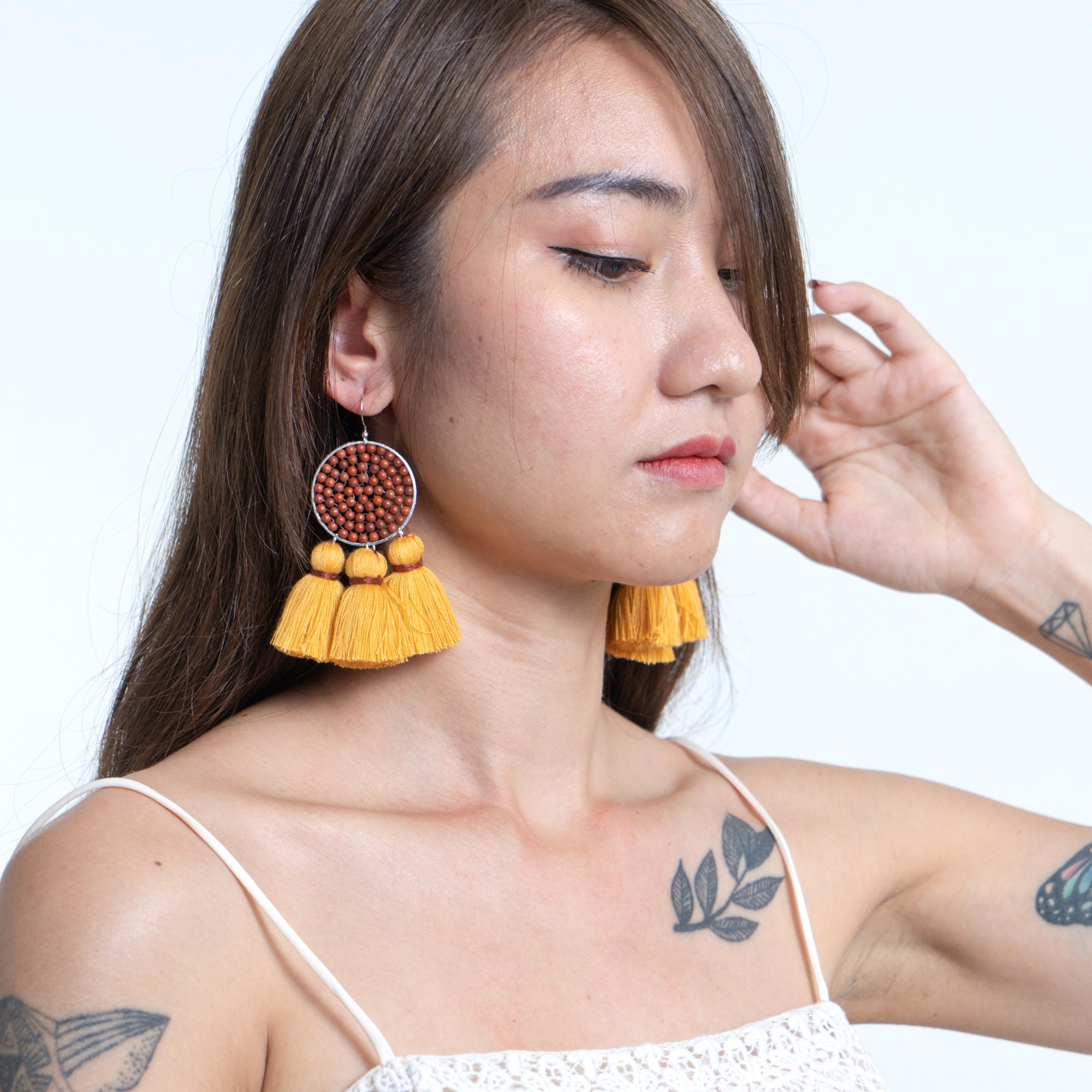 Circle Beaded Tassels Earrings in Yellow
