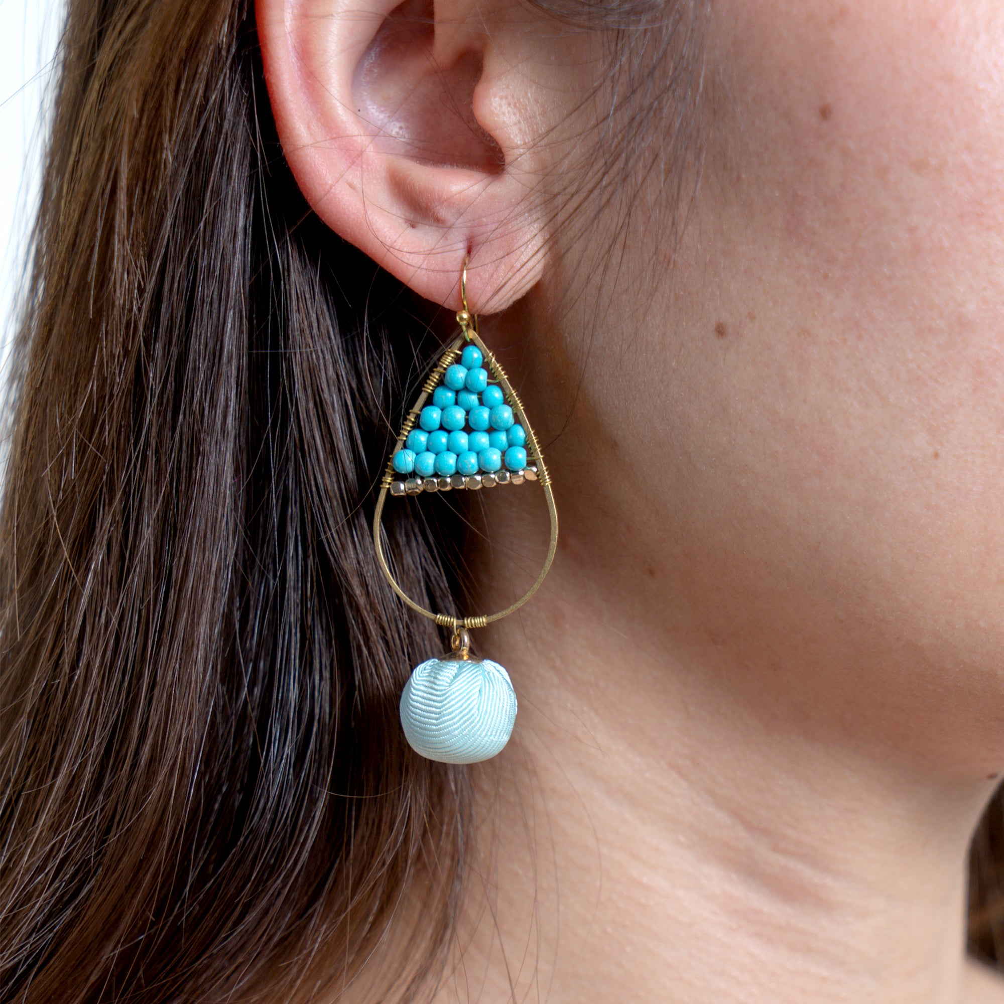 Oval Beaded Fabric Ball Earrings in Blue