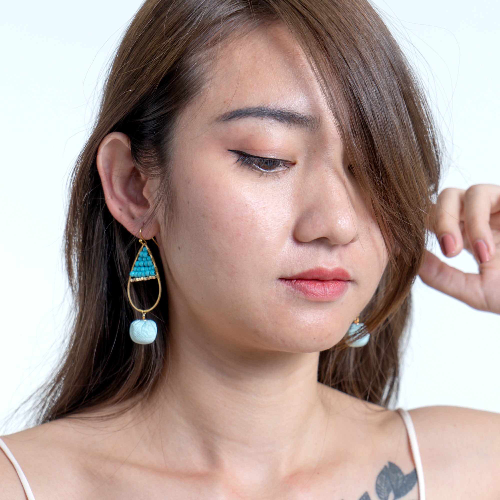 Oval Beaded Fabric Ball Earrings in Blue