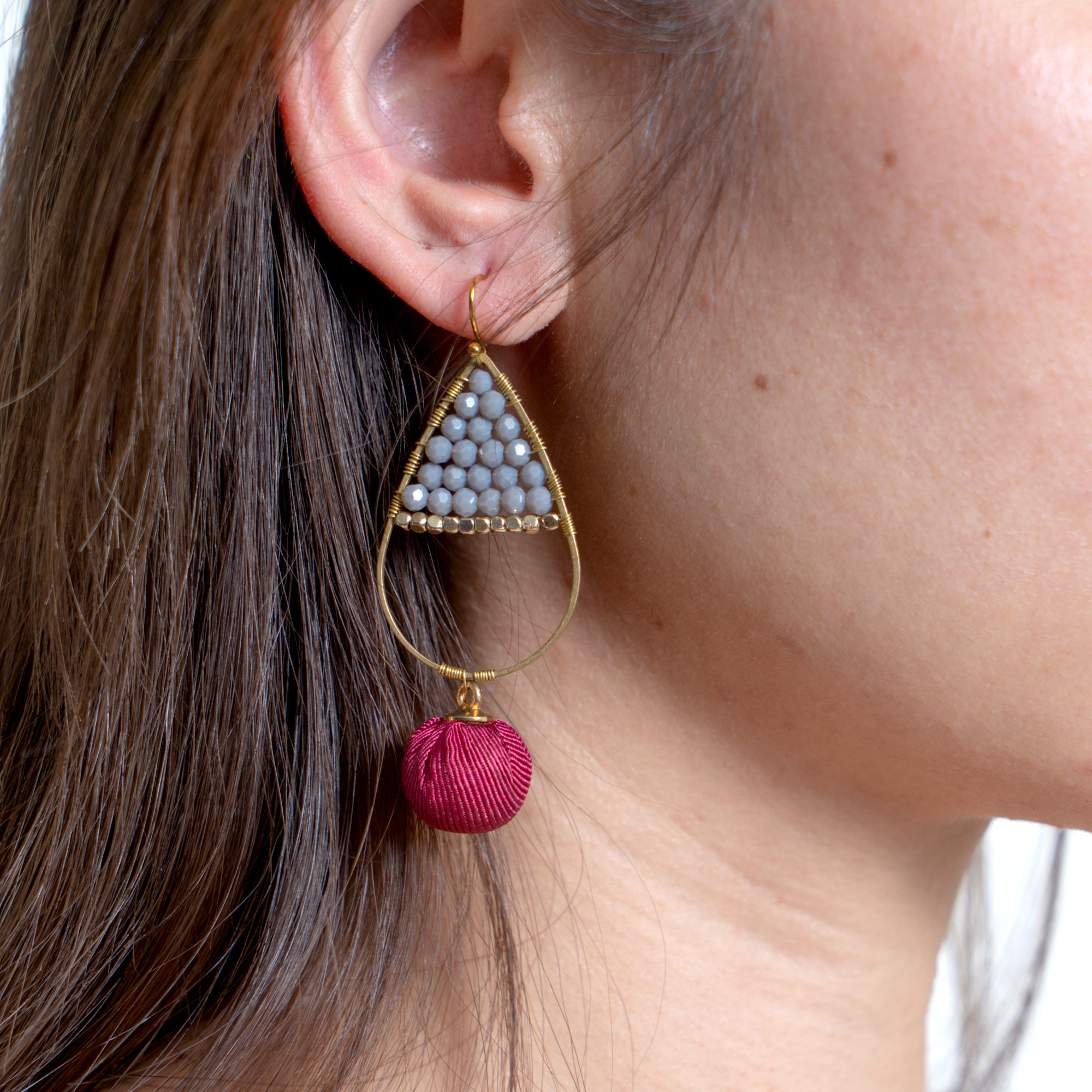 Oval Beaded Fabric Ball Earrings in Gray