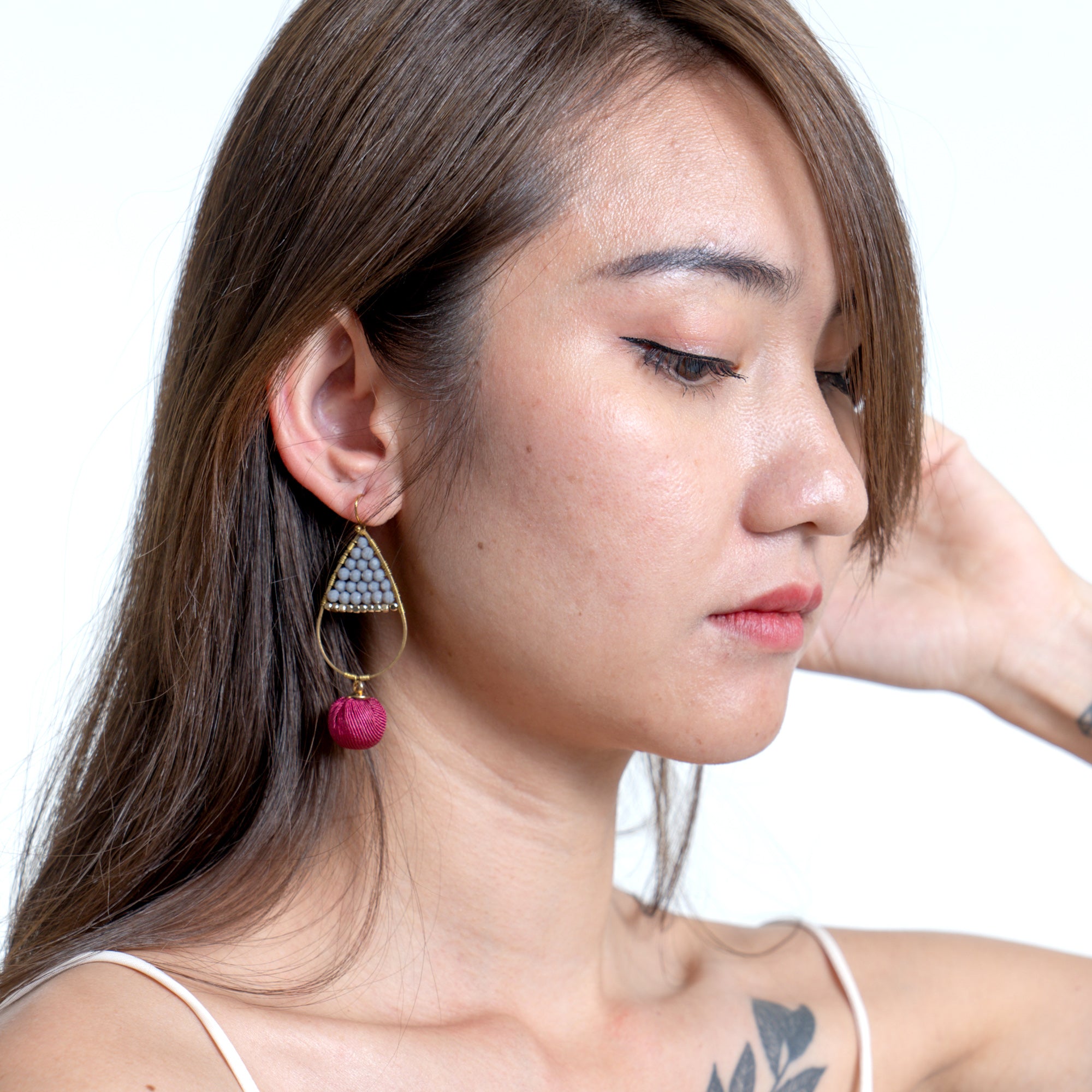 Oval Beaded Fabric Ball Earrings in Gray