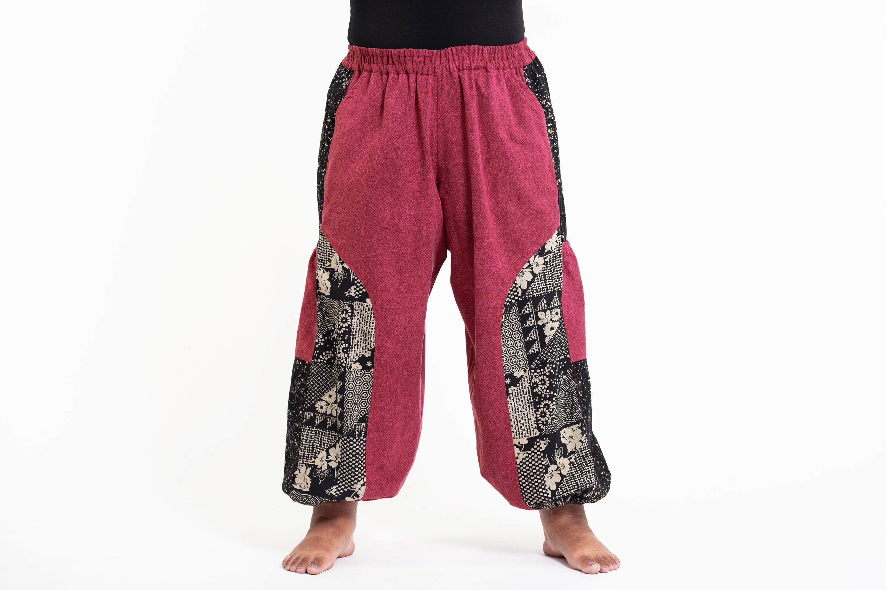 Plus Size Stone Washed Patchwork Women Unisex Pants in Red