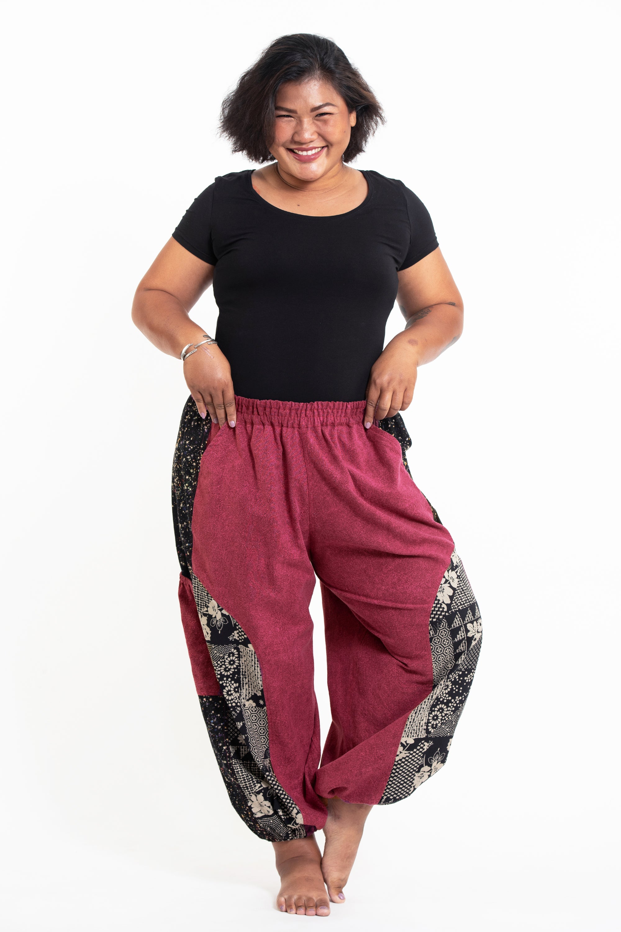 Plus Size Stone Washed Patchwork Women Unisex Pants in Red