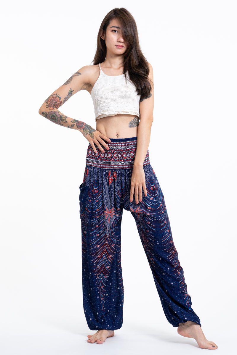 Peacock Feathers Women's Harem Pants in Blue