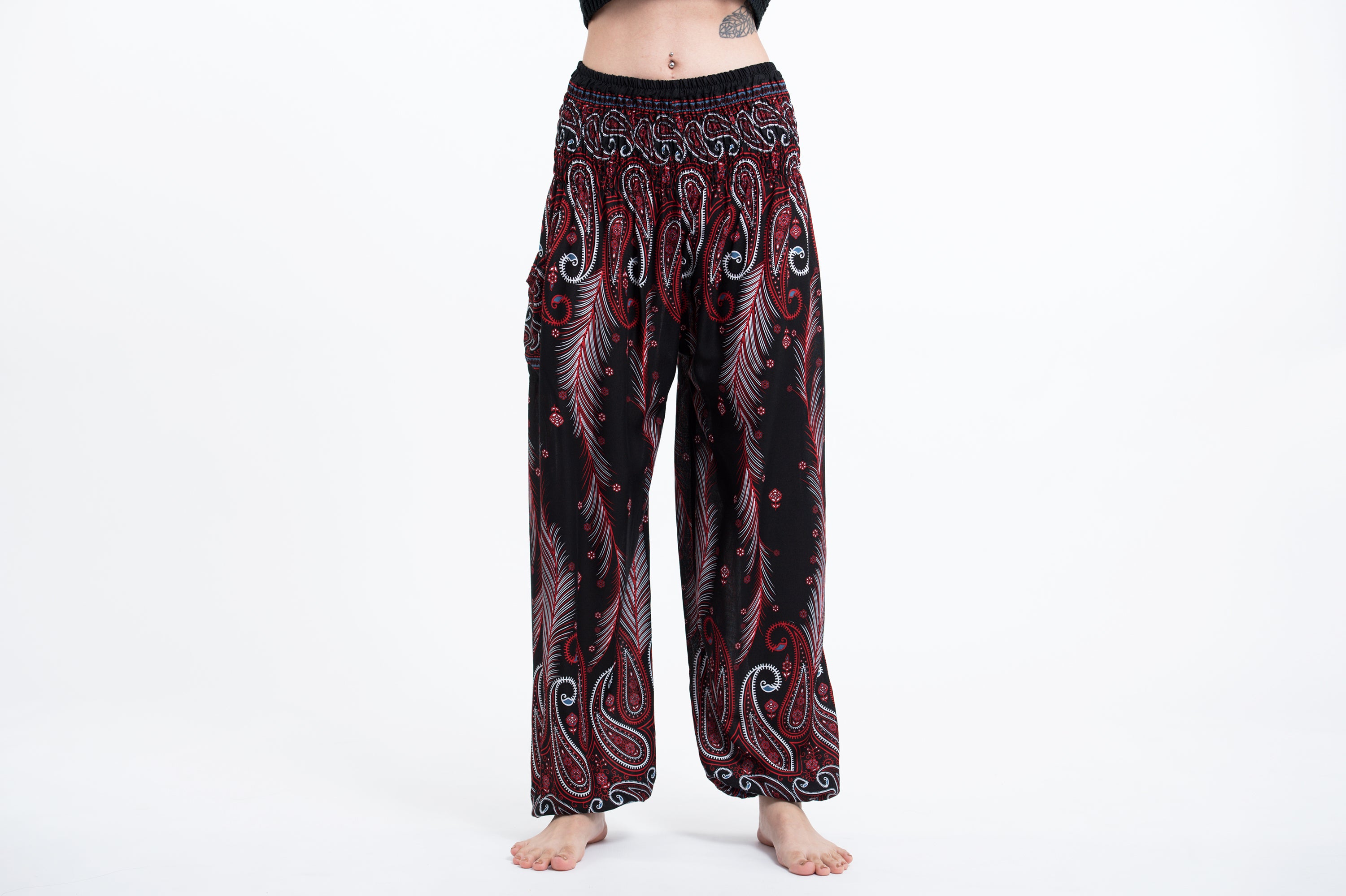 Paisley Feathers Women's Harem Pants in Black