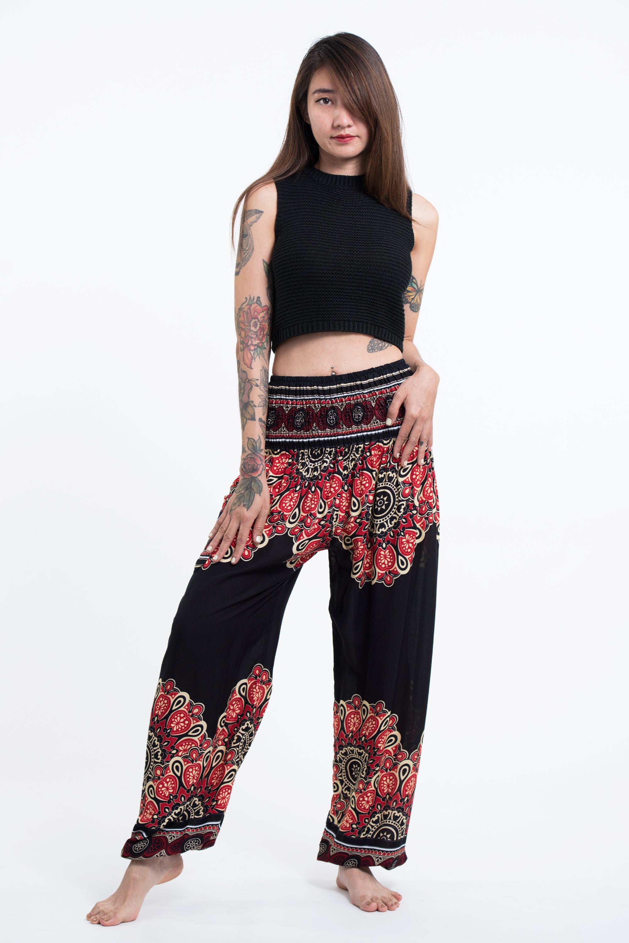 Peony Mandalas Women's Harem Pants in Black