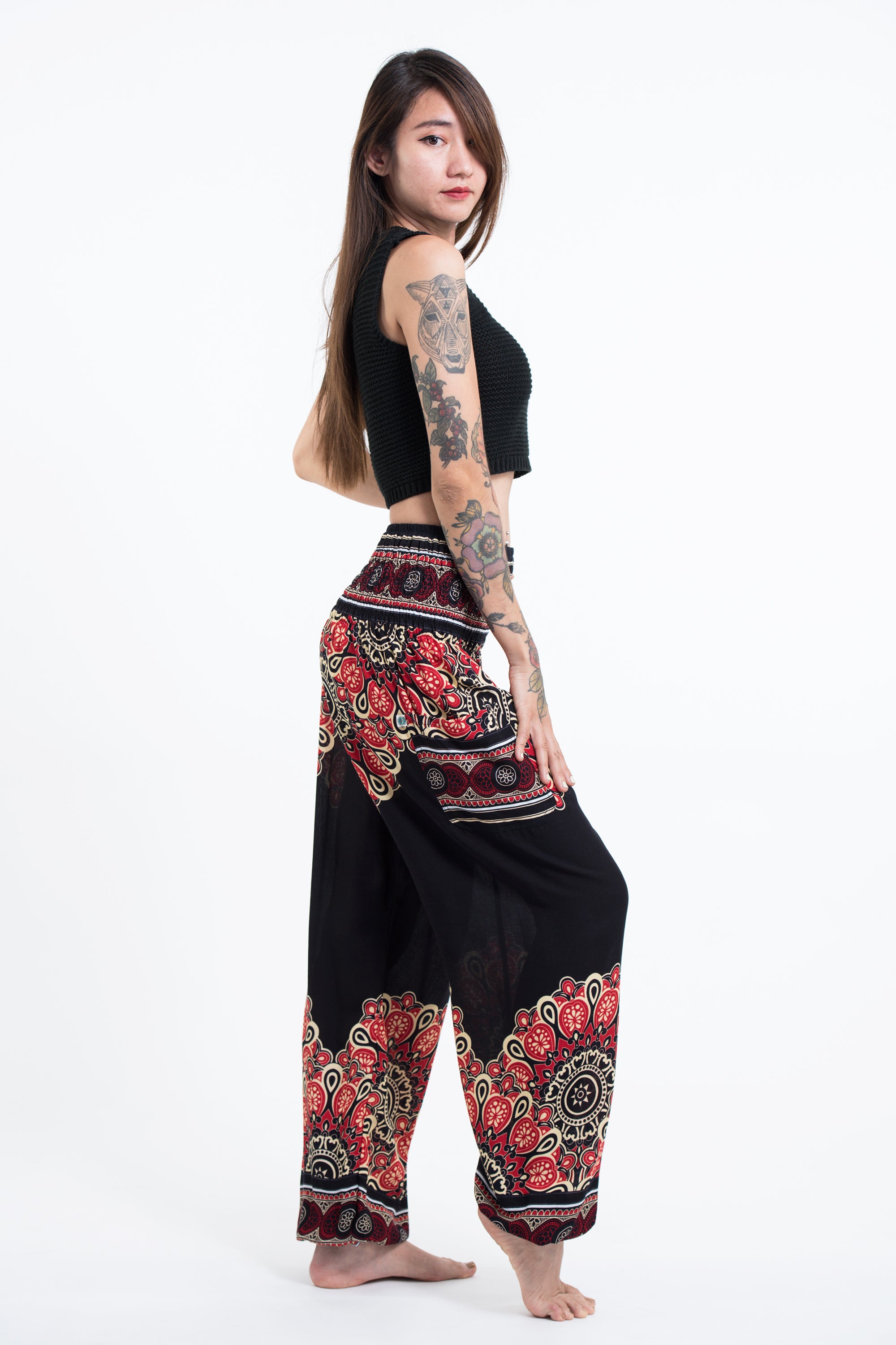 Peony Mandalas Women's Harem Pants in Black