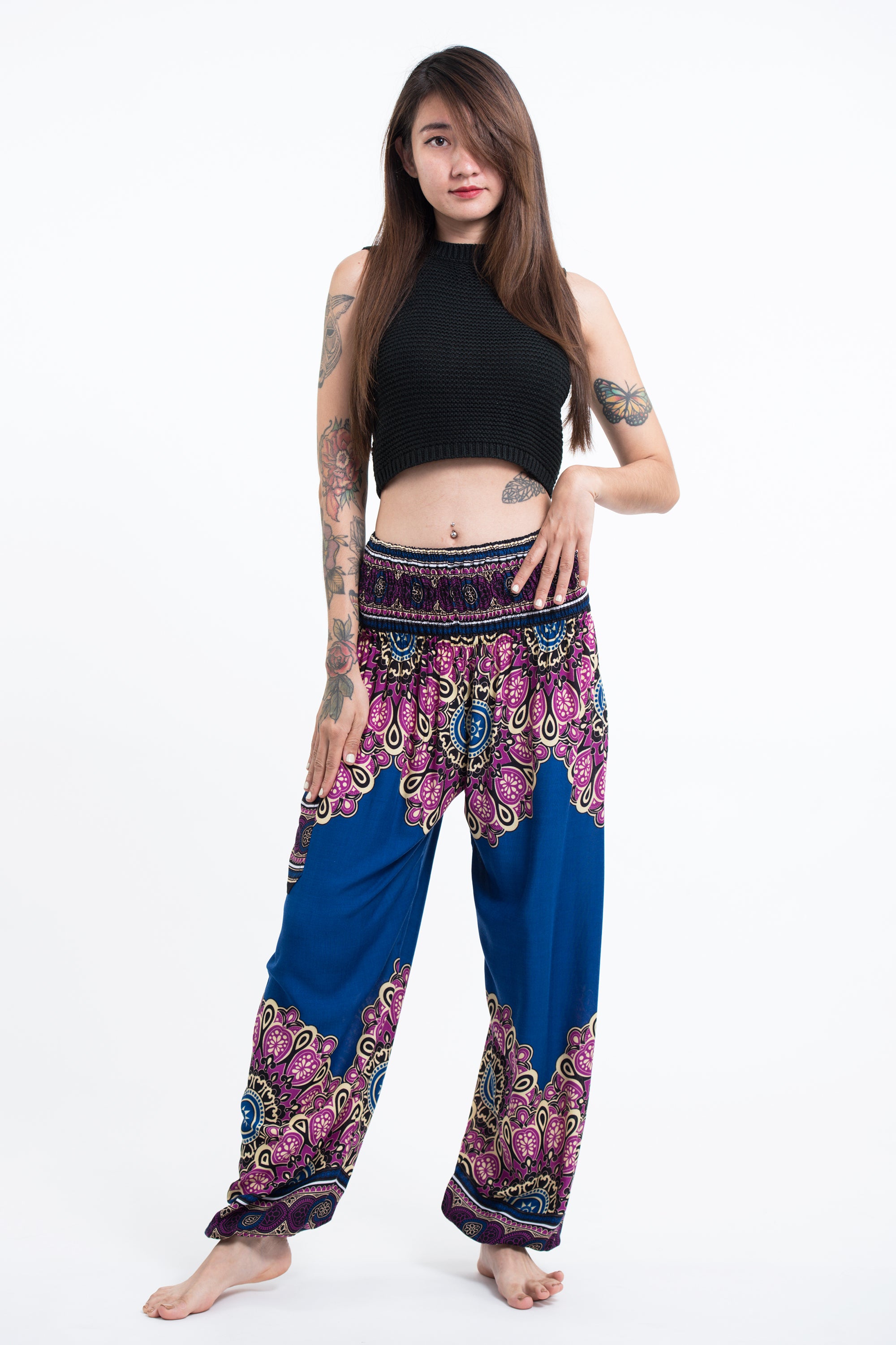 Peony Mandalas Women's Harem Pants in Blue