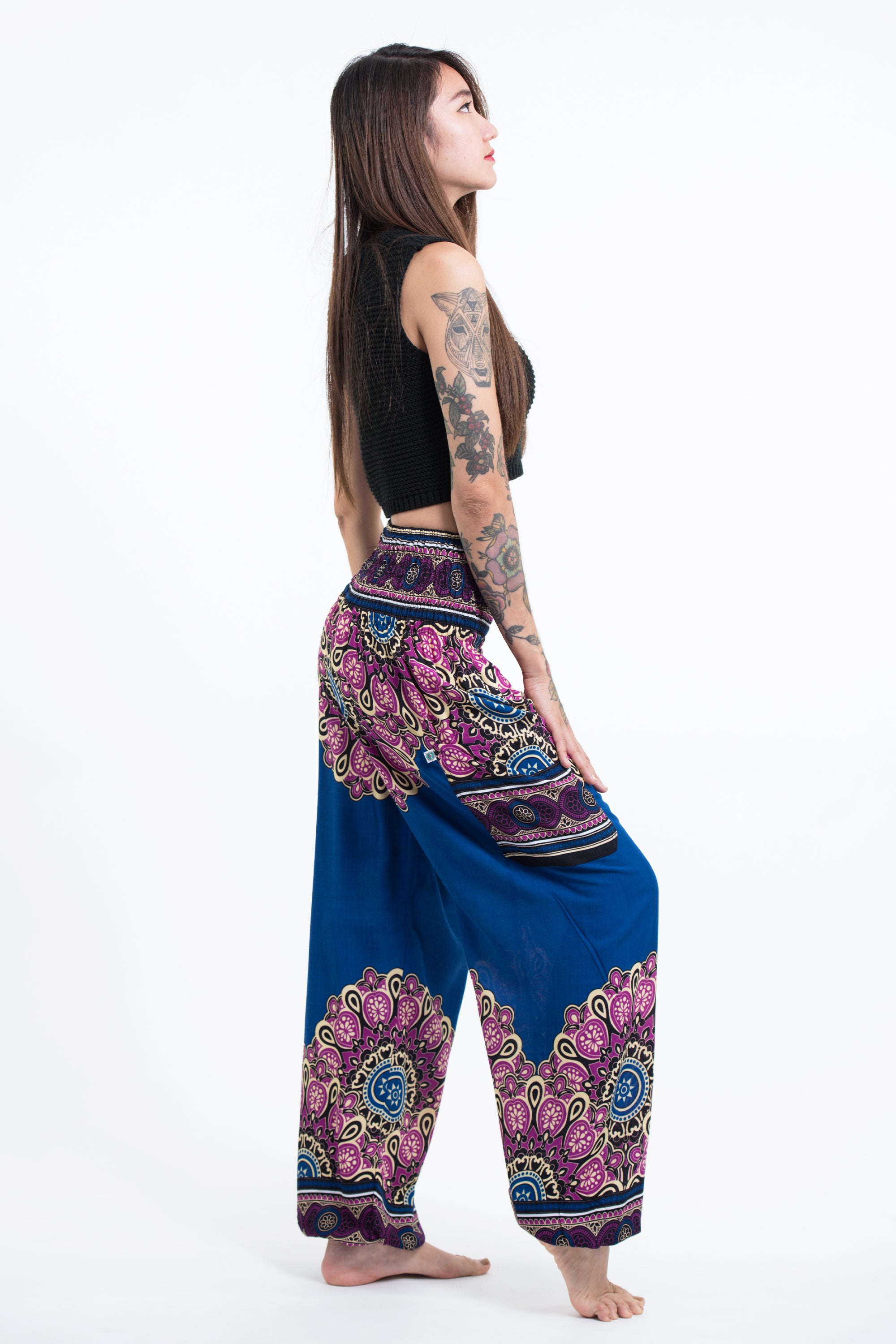 Peony Mandalas Women's Harem Pants in Blue