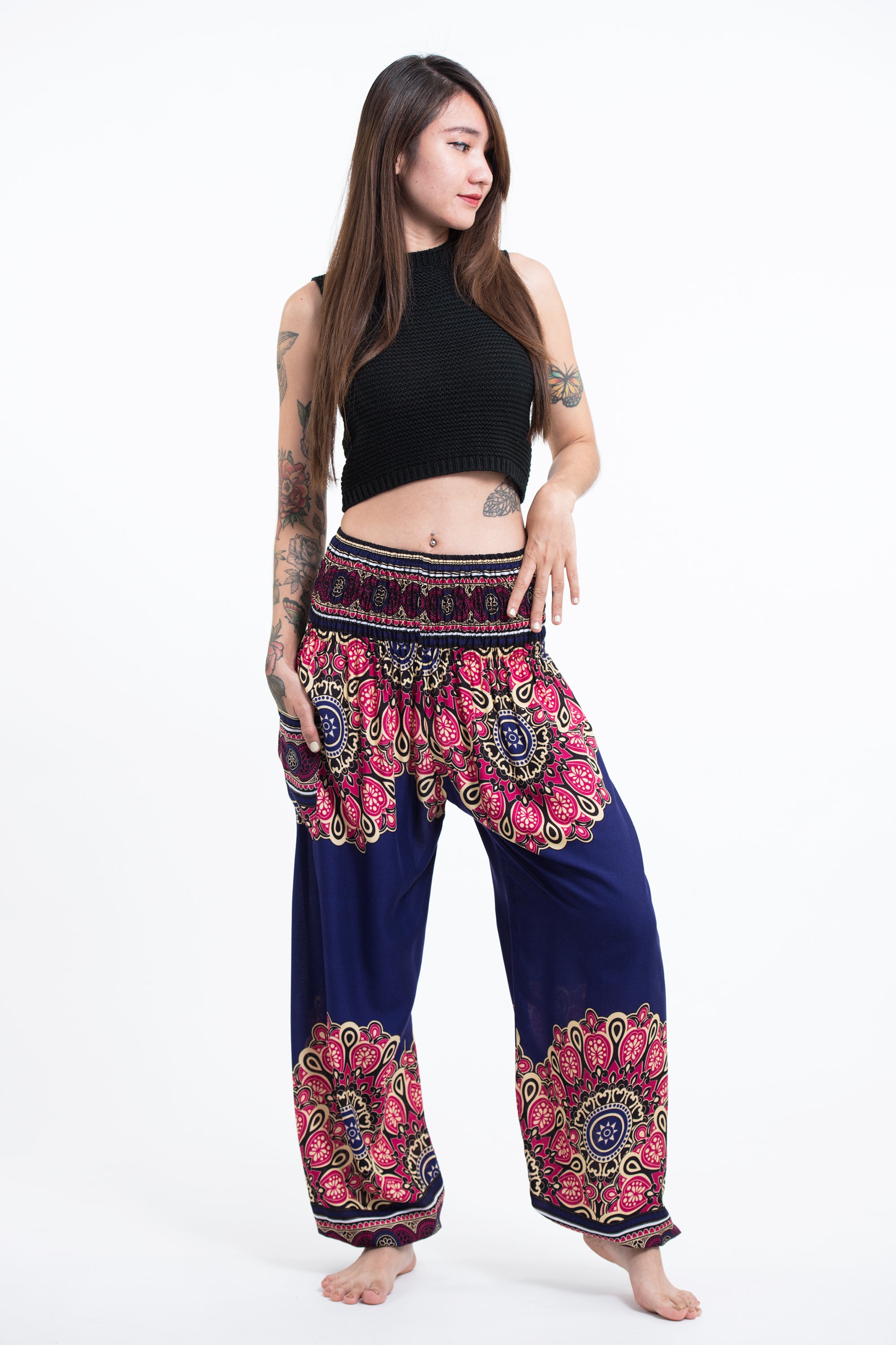 Peony Mandalas Women's Harem Pants in Indigo