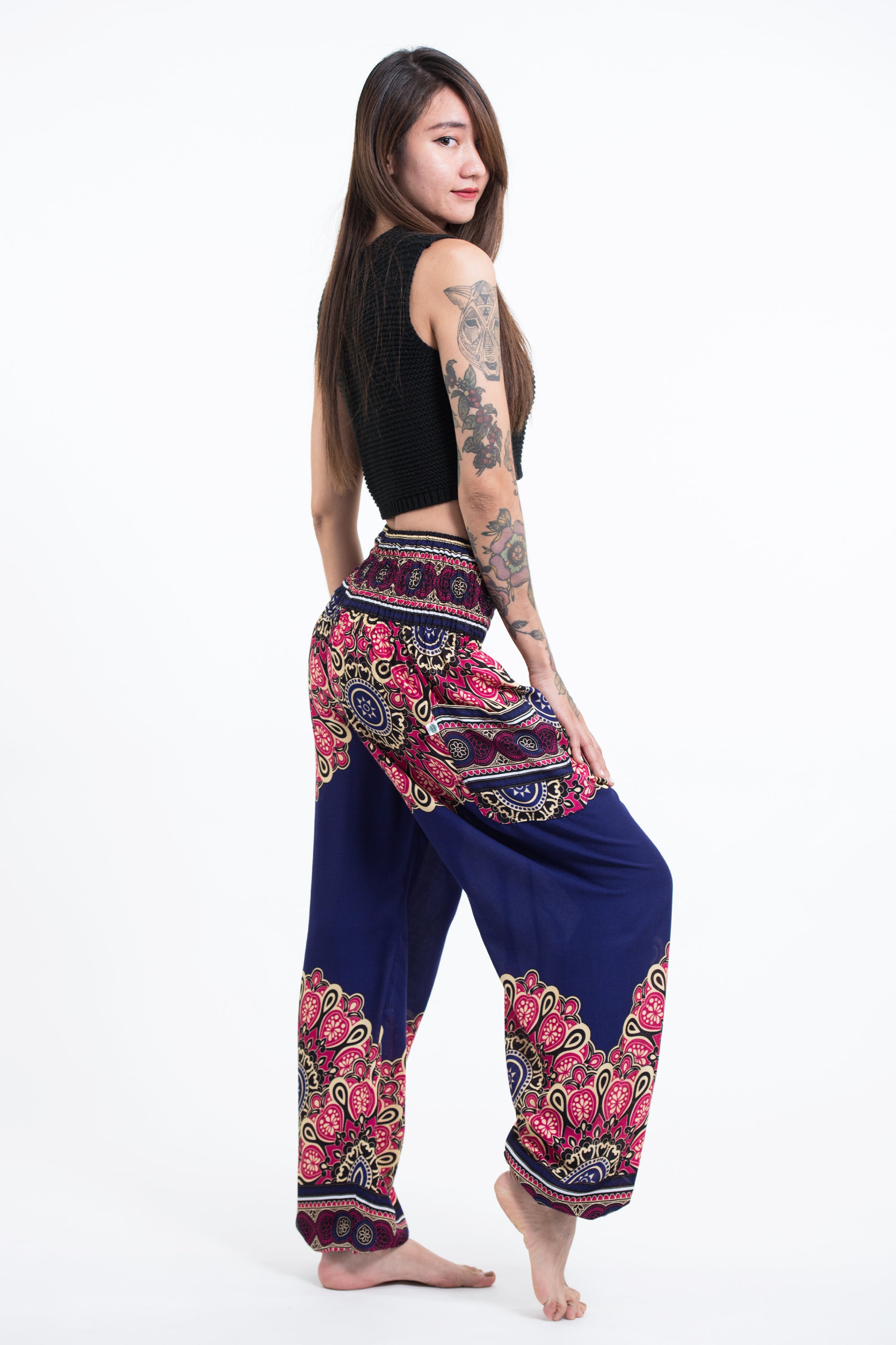 Peony Mandalas Women's Harem Pants in Indigo