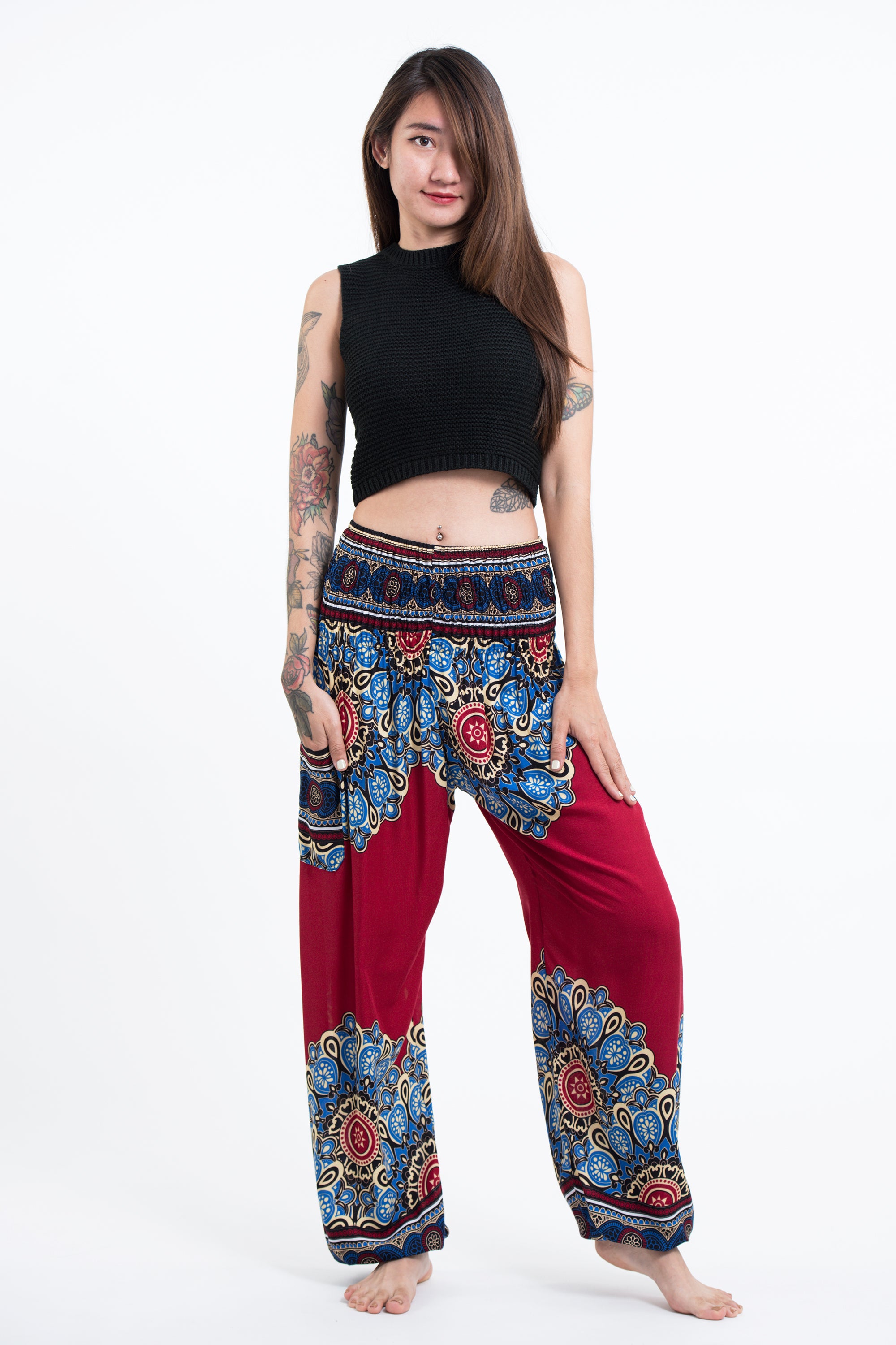Peony Mandalas Women's Harem Pants in Red