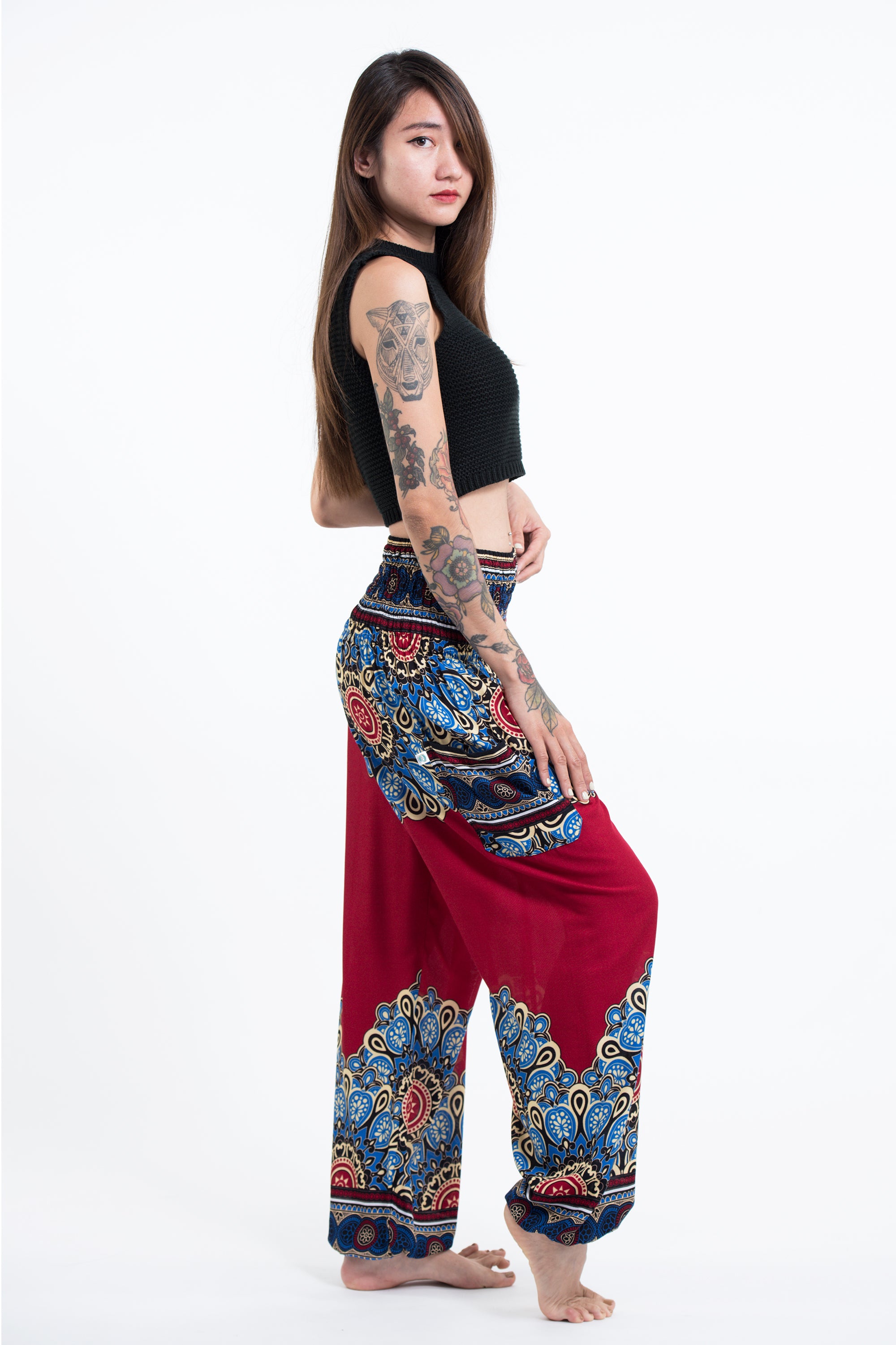 Peony Mandalas Women's Harem Pants in Red