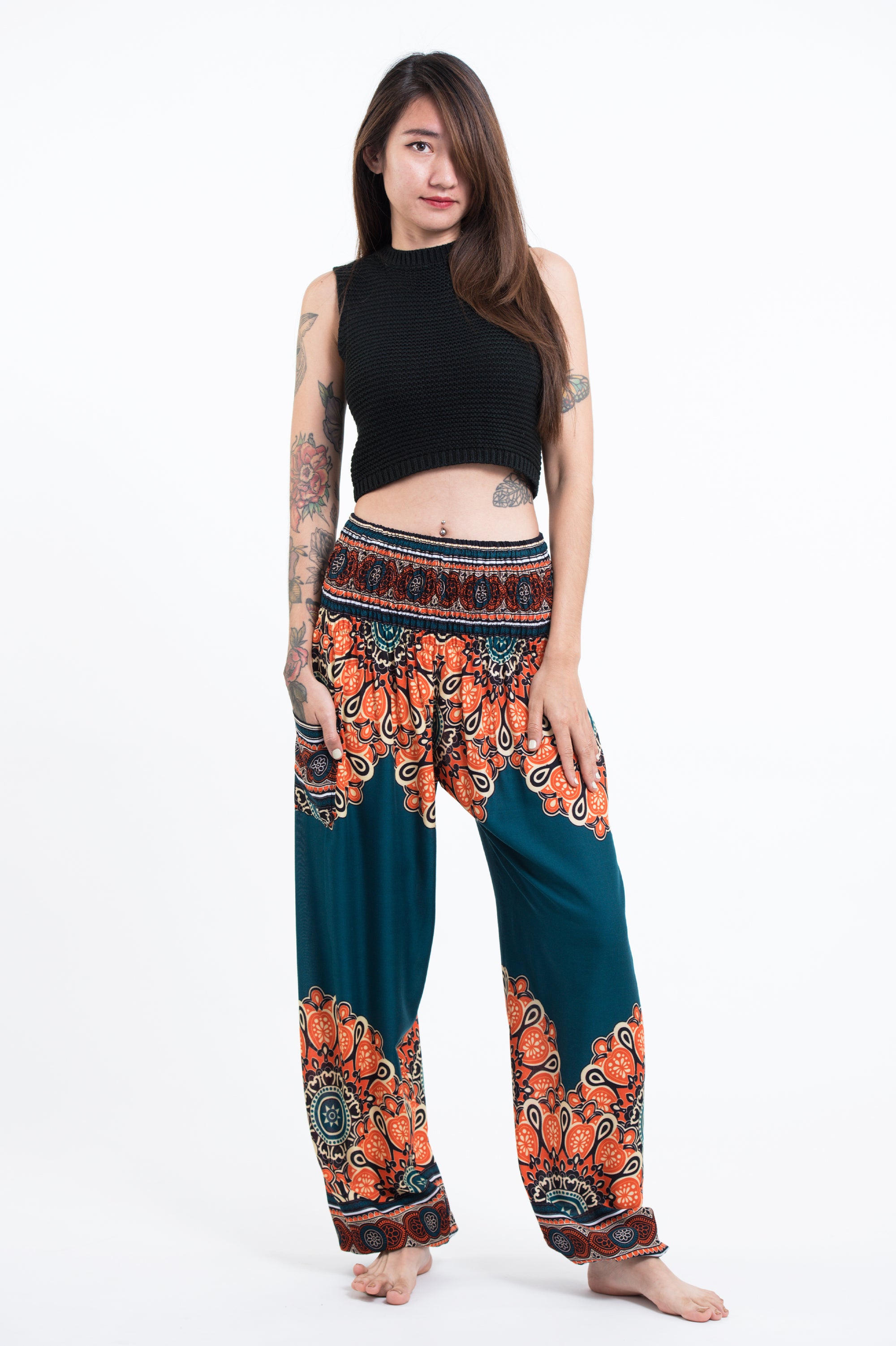 Peony Mandalas Women's Harem Pants in Teal