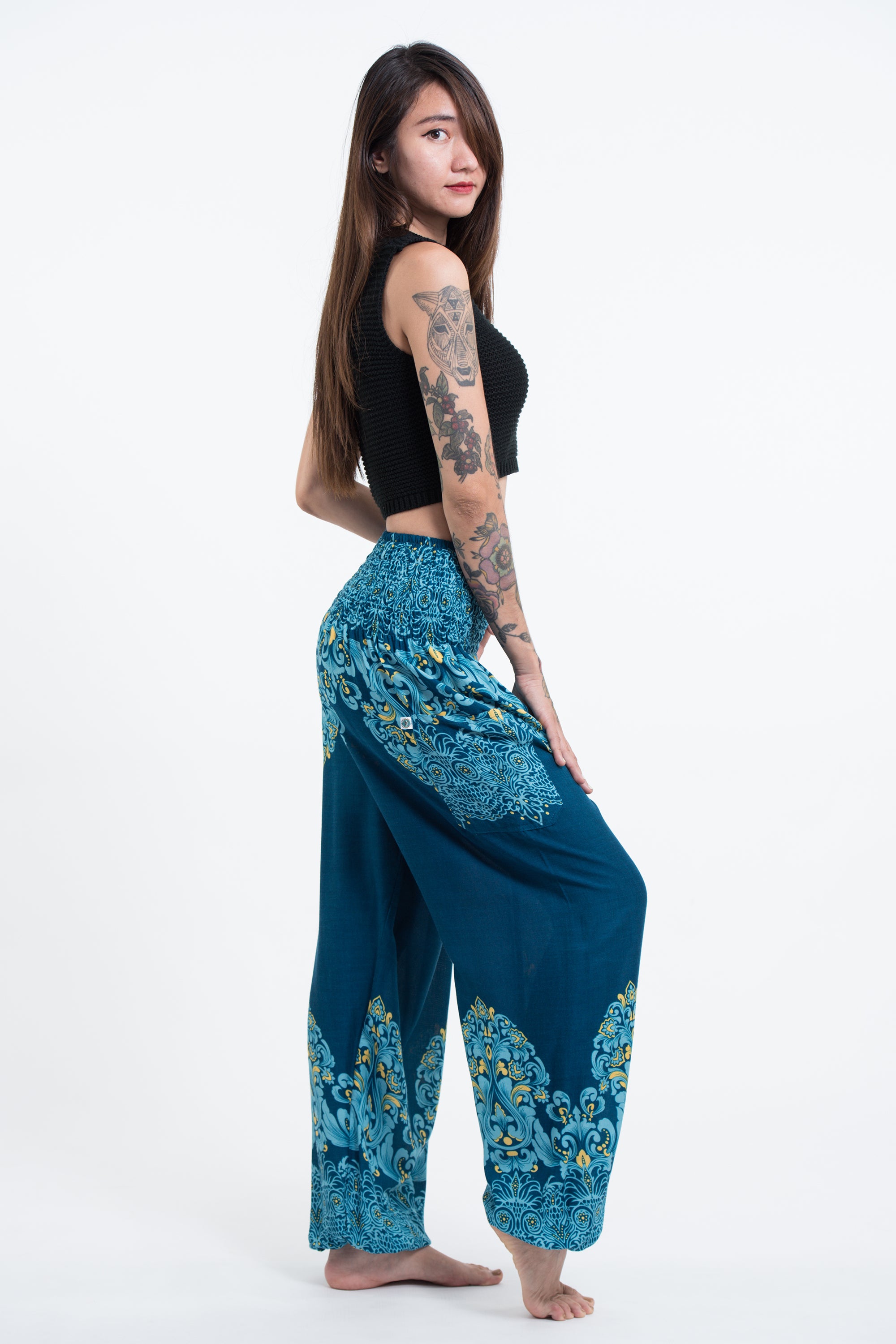 Floral Vines Women's Harem Pants in Turquoise