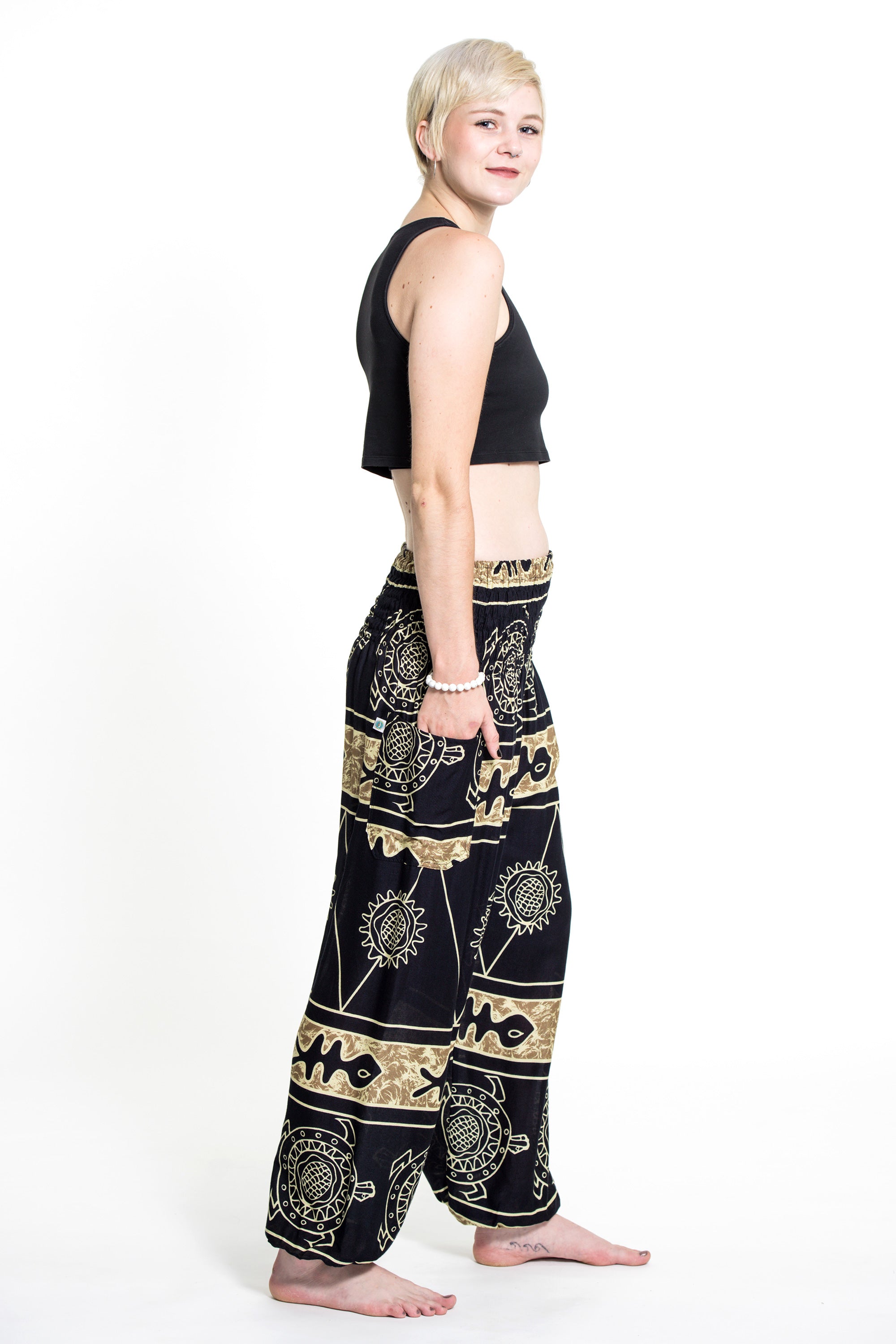 Turtle Print Women's Harem Pants in Gold