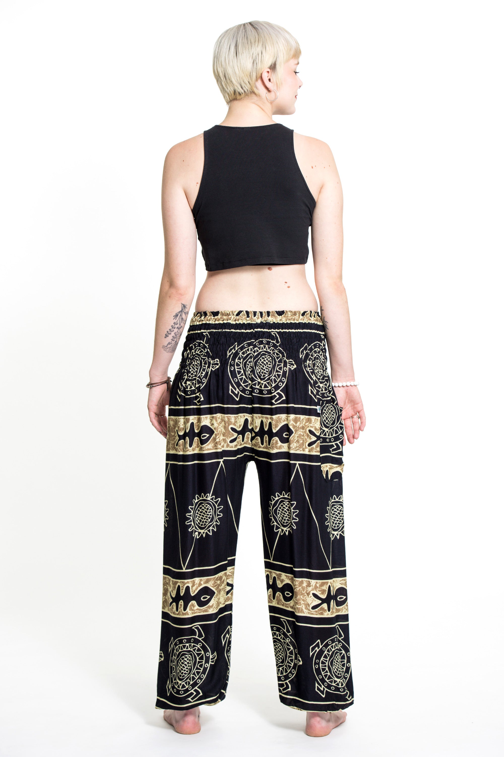 Turtle Print Women's Harem Pants in Gold