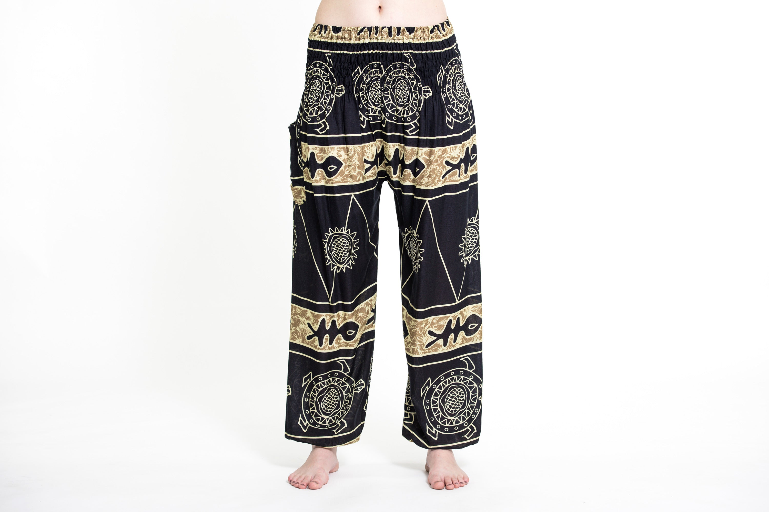 Turtle Print Women's Harem Pants in Gold