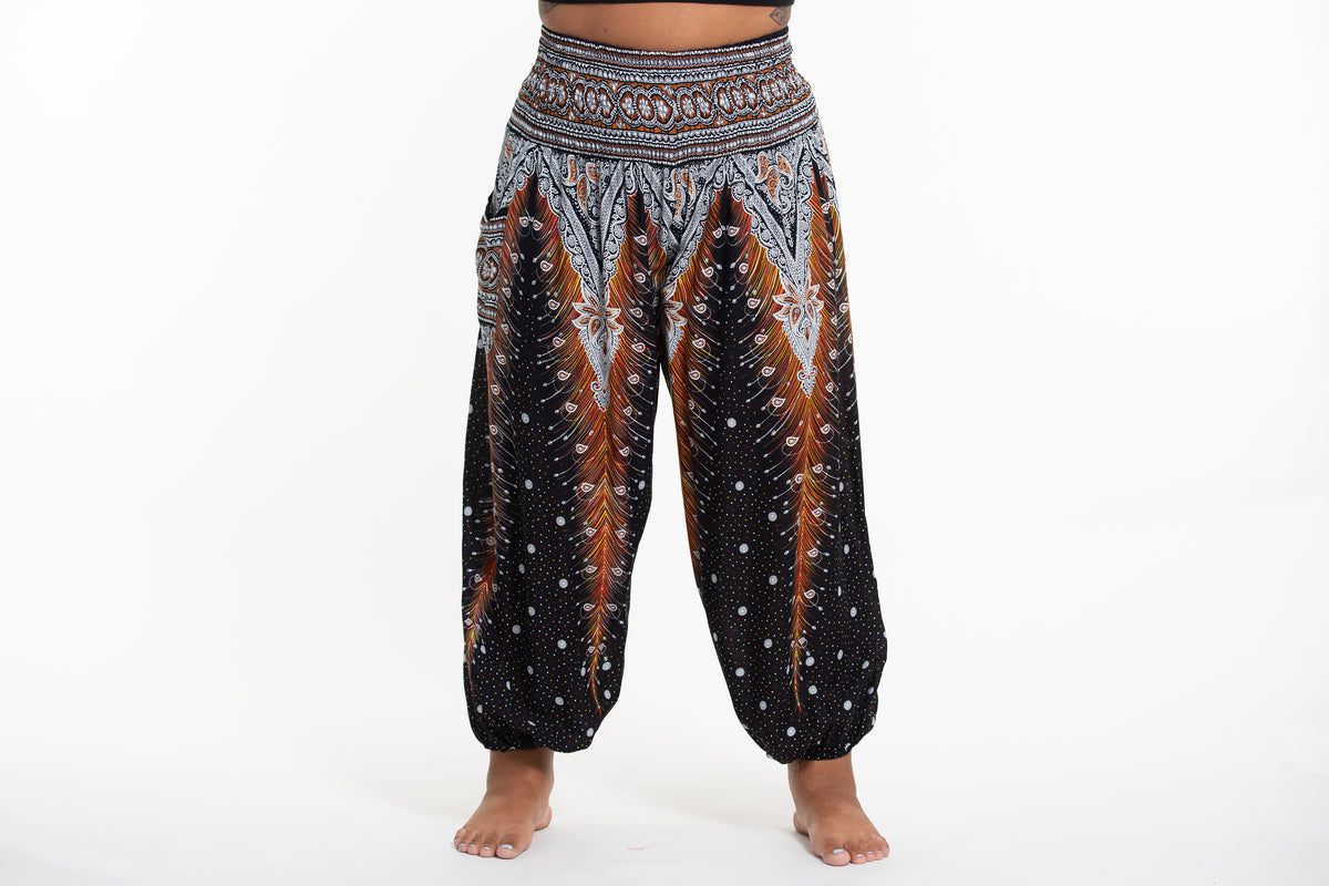 Plus Size Peacock Feathers Women's Harem Pants in Black