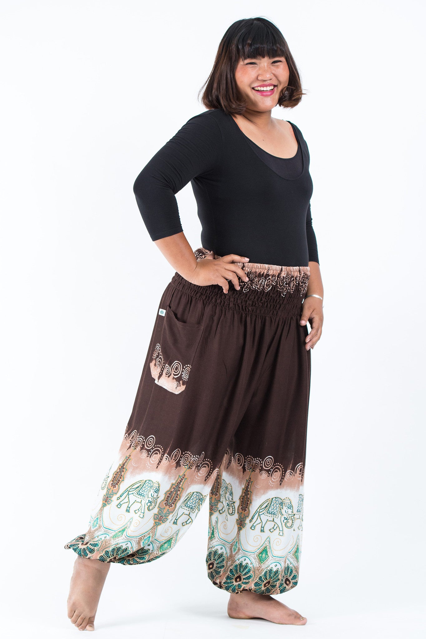 Plus Size Solid Top Elephant Women's Elephant Pants in Brown