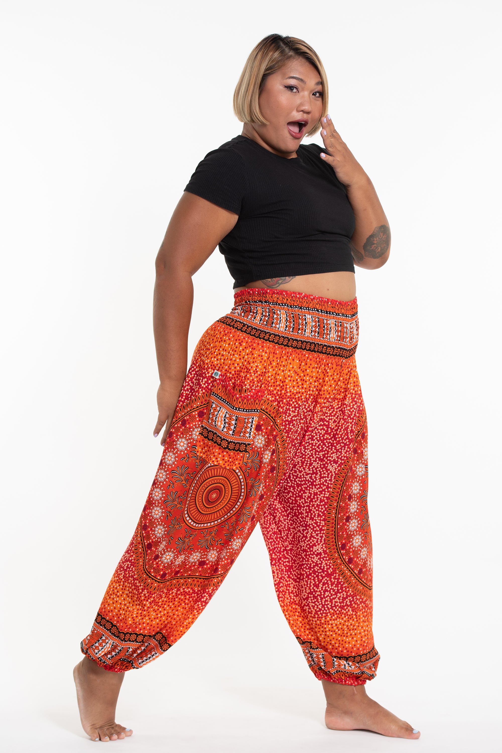 Plus Size Tribal Chakras Women\'s Harem Pants in Orange