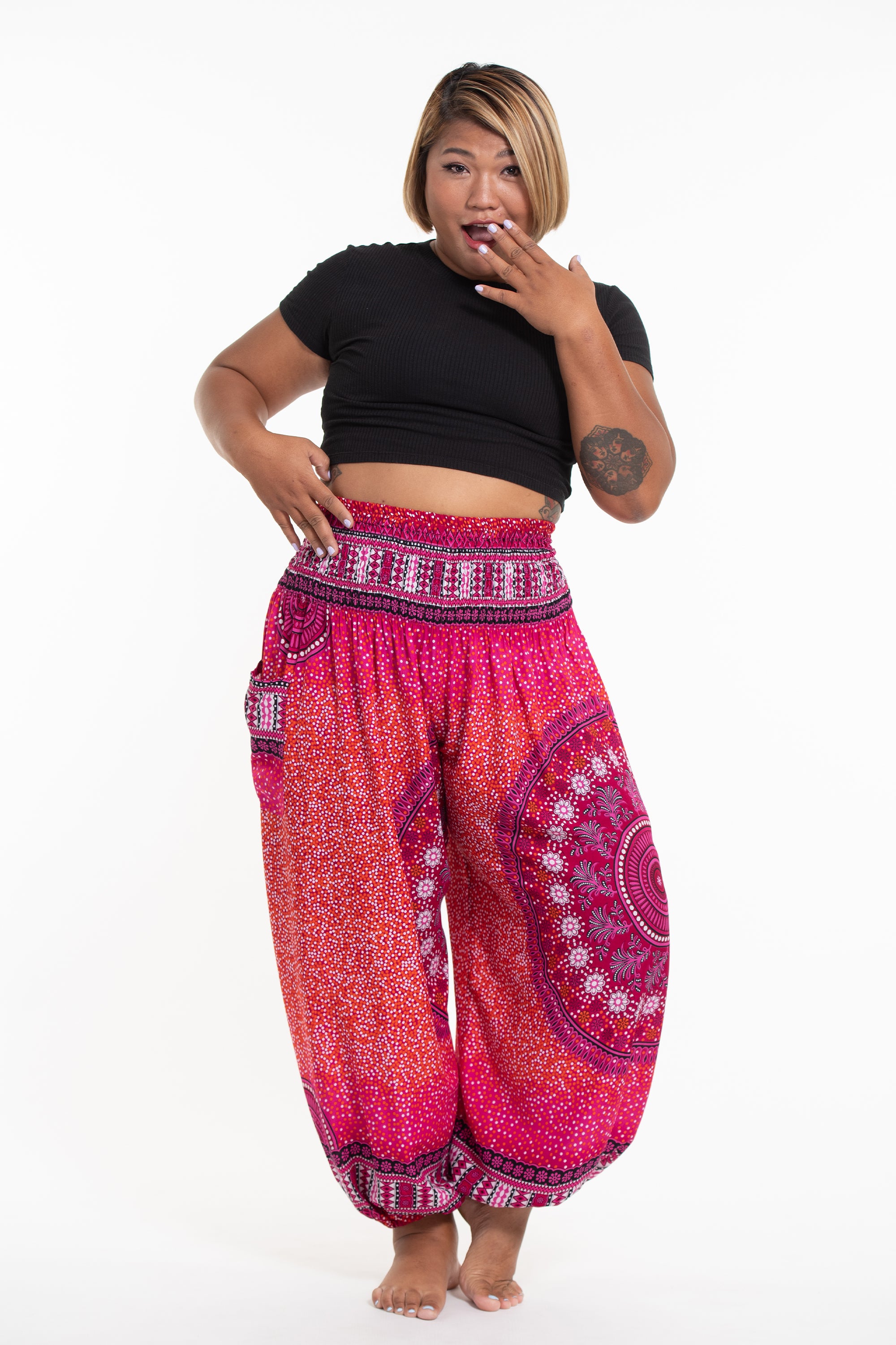 Plus Size Tribal Chakras Women\'s Harem Pants in Pink