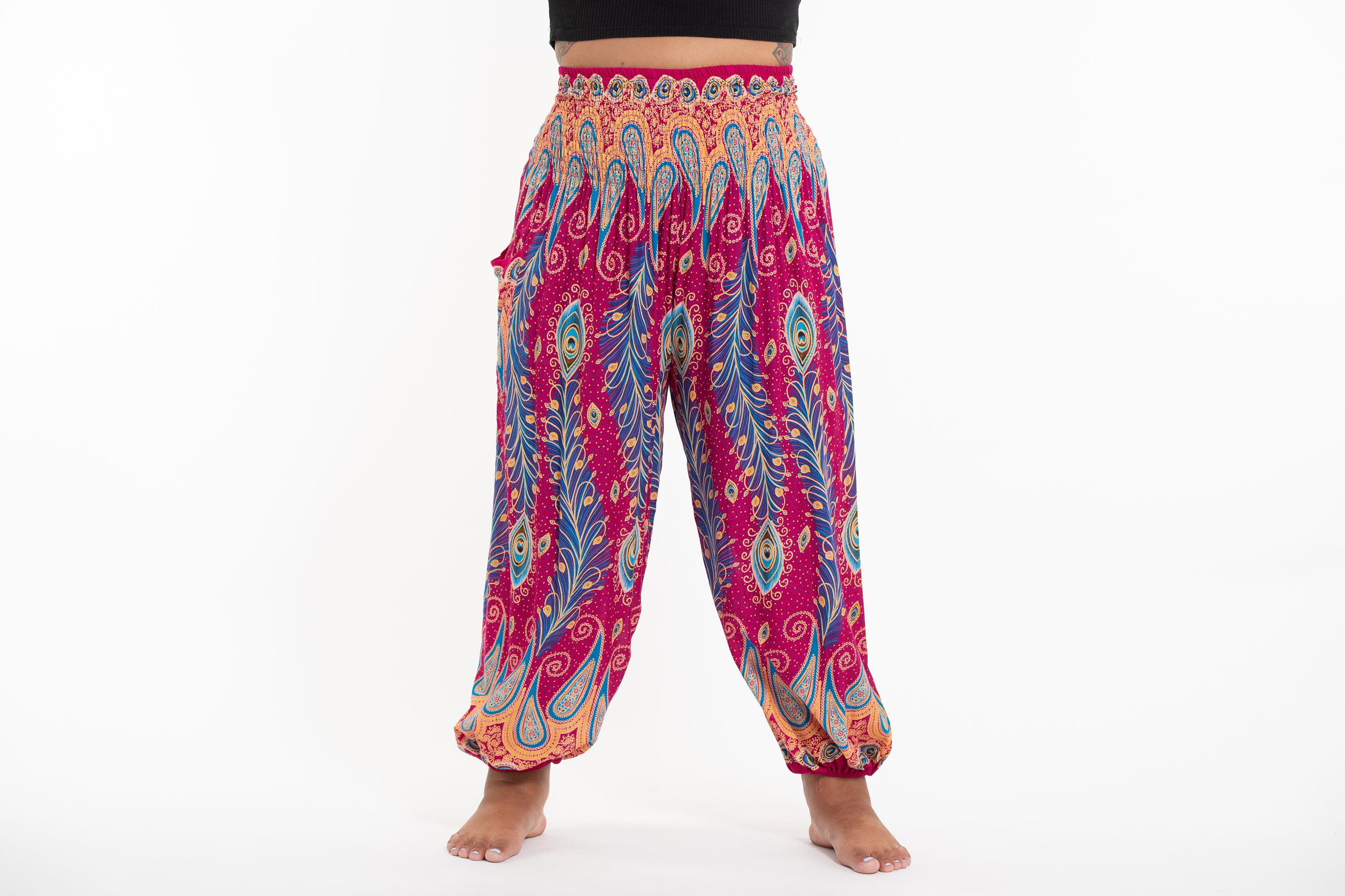 Plus Size Peacock Paisley Women's Harem Pants in Pink