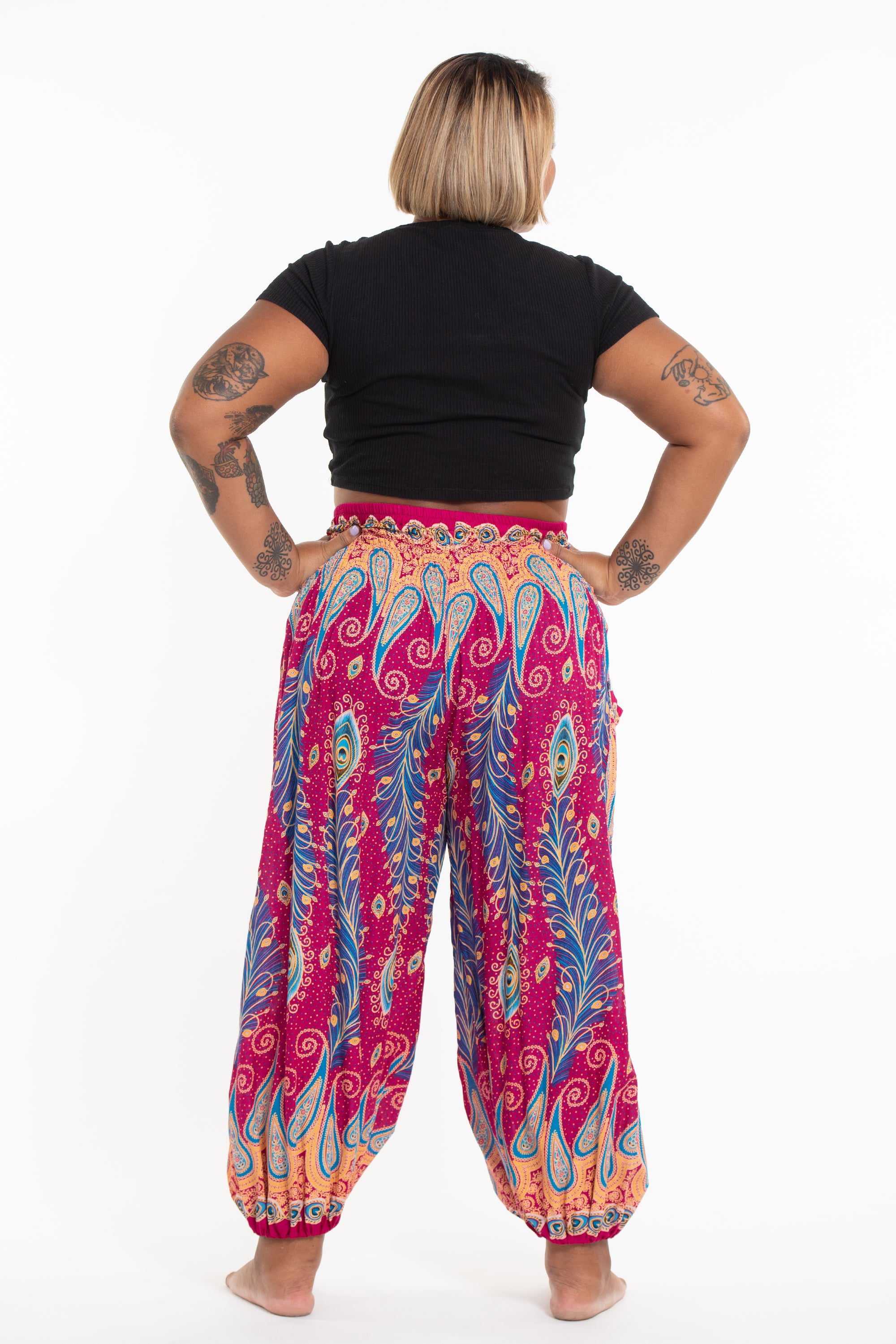 Plus Size Peacock Paisley Women's Harem Pants in Pink
