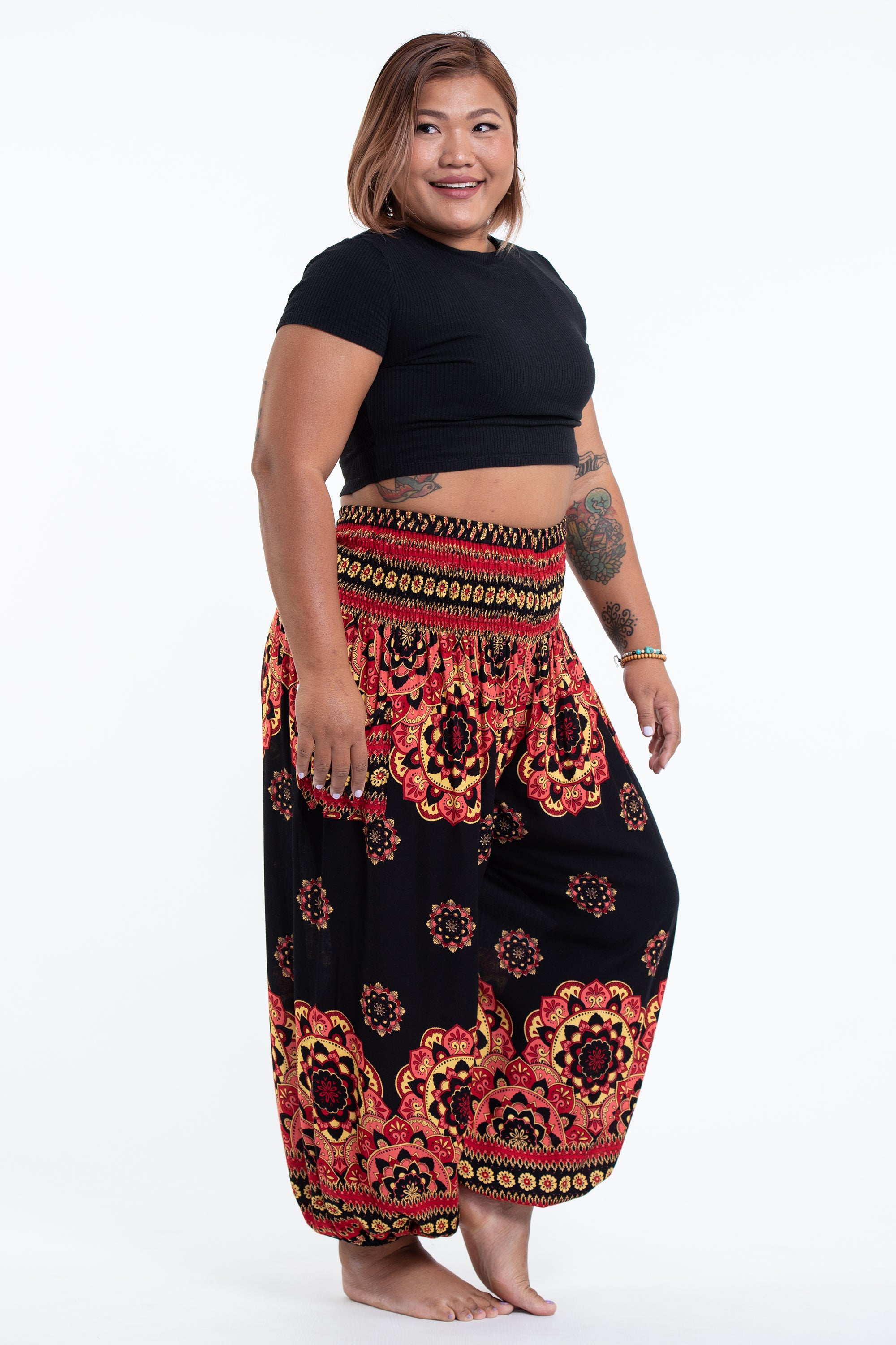 Plus Size Lotus Mandalas Women's Harem Pants in Black