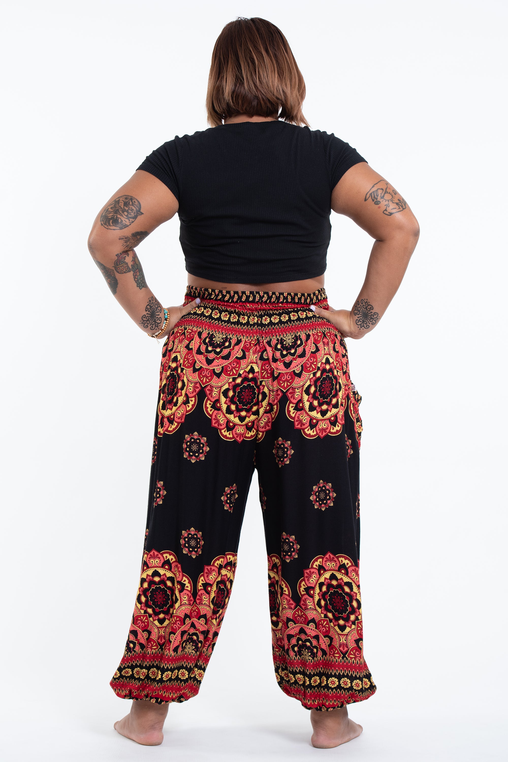 Plus Size Lotus Mandalas Women's Harem Pants in Black
