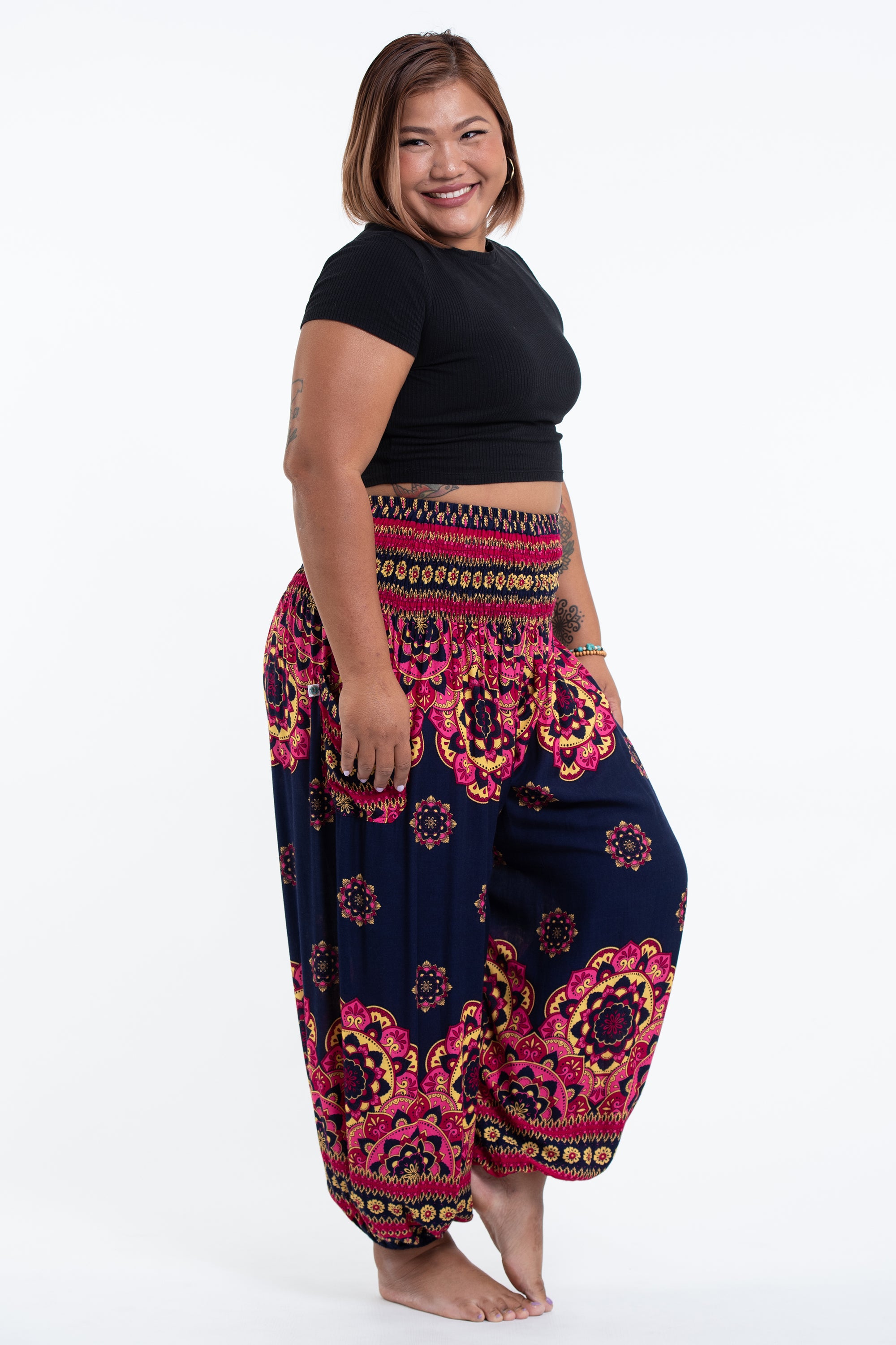 Plus Size Lotus Mandalas Women's Harem Pants in Navy
