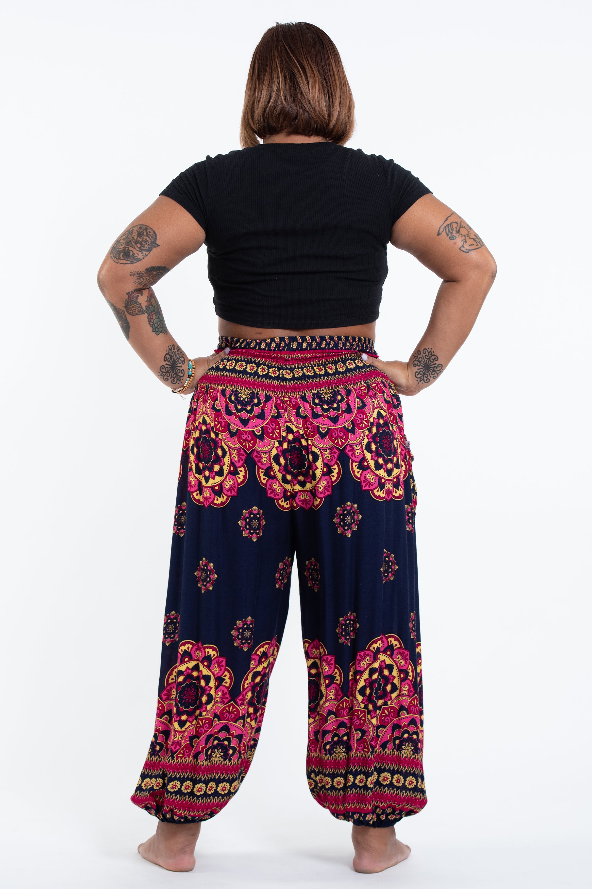Plus Size Lotus Mandalas Women's Harem Pants in Navy