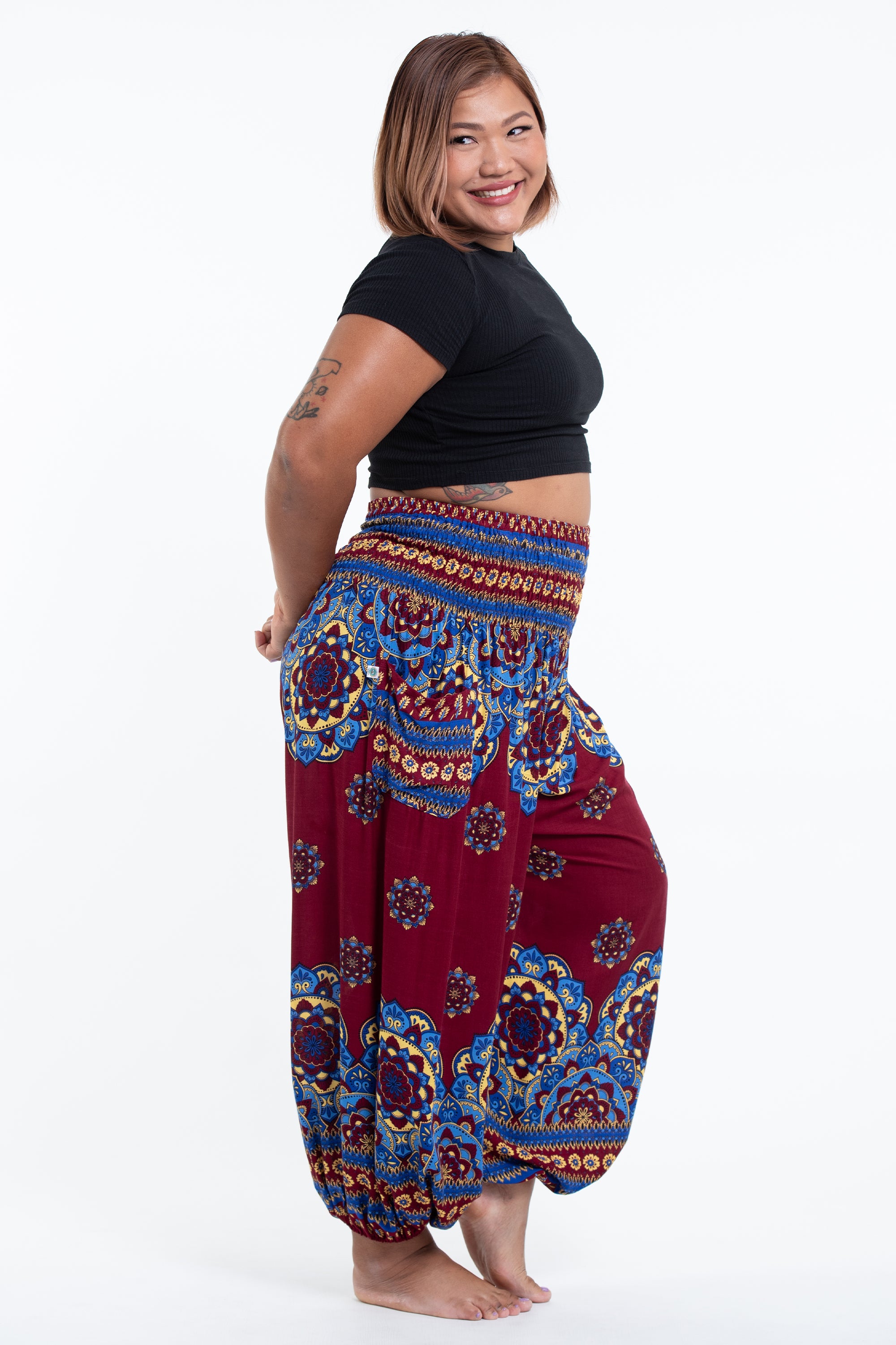 Plus Size Lotus Mandalas Women's Harem Pants in Red