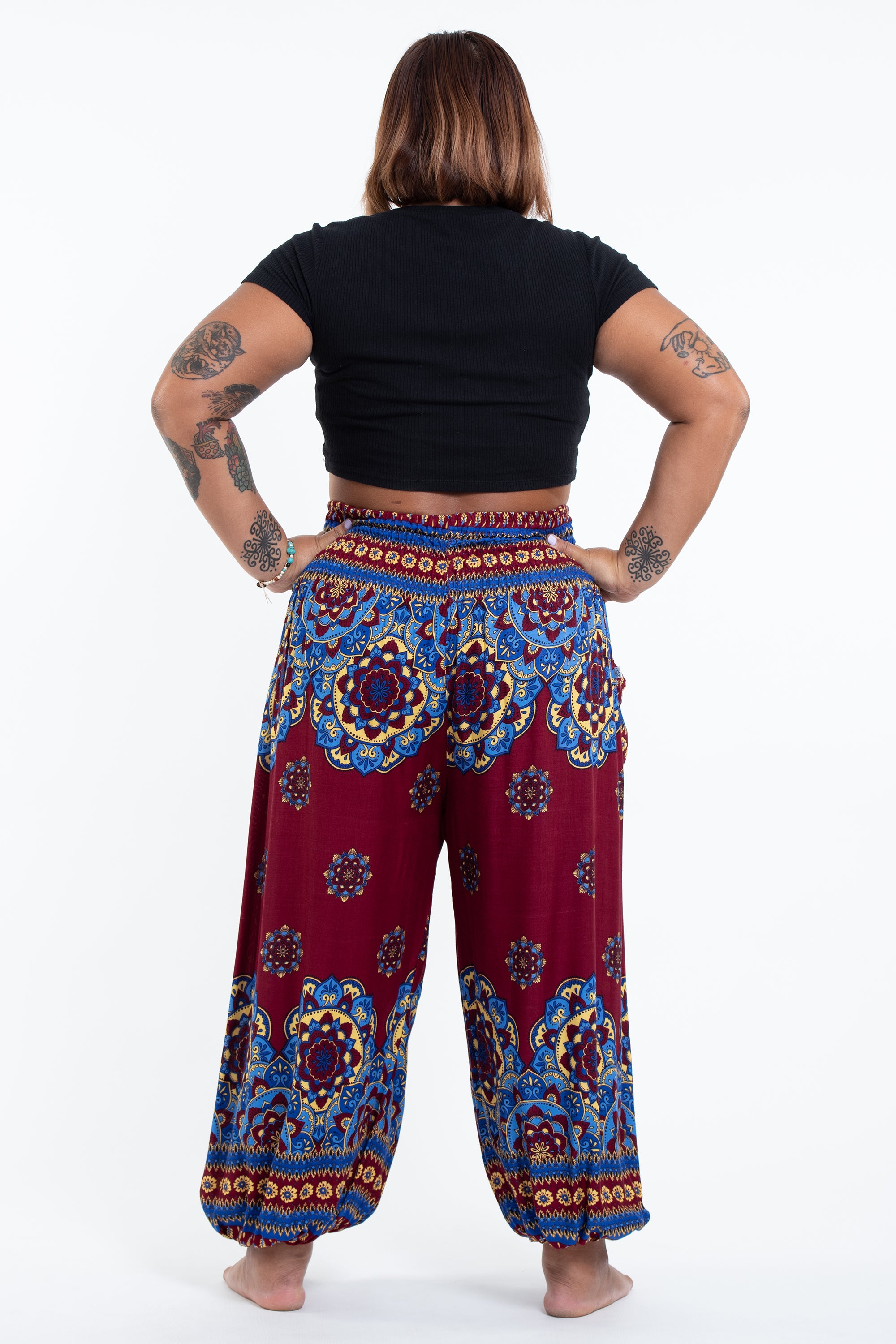 Plus Size Lotus Mandalas Women's Harem Pants in Red