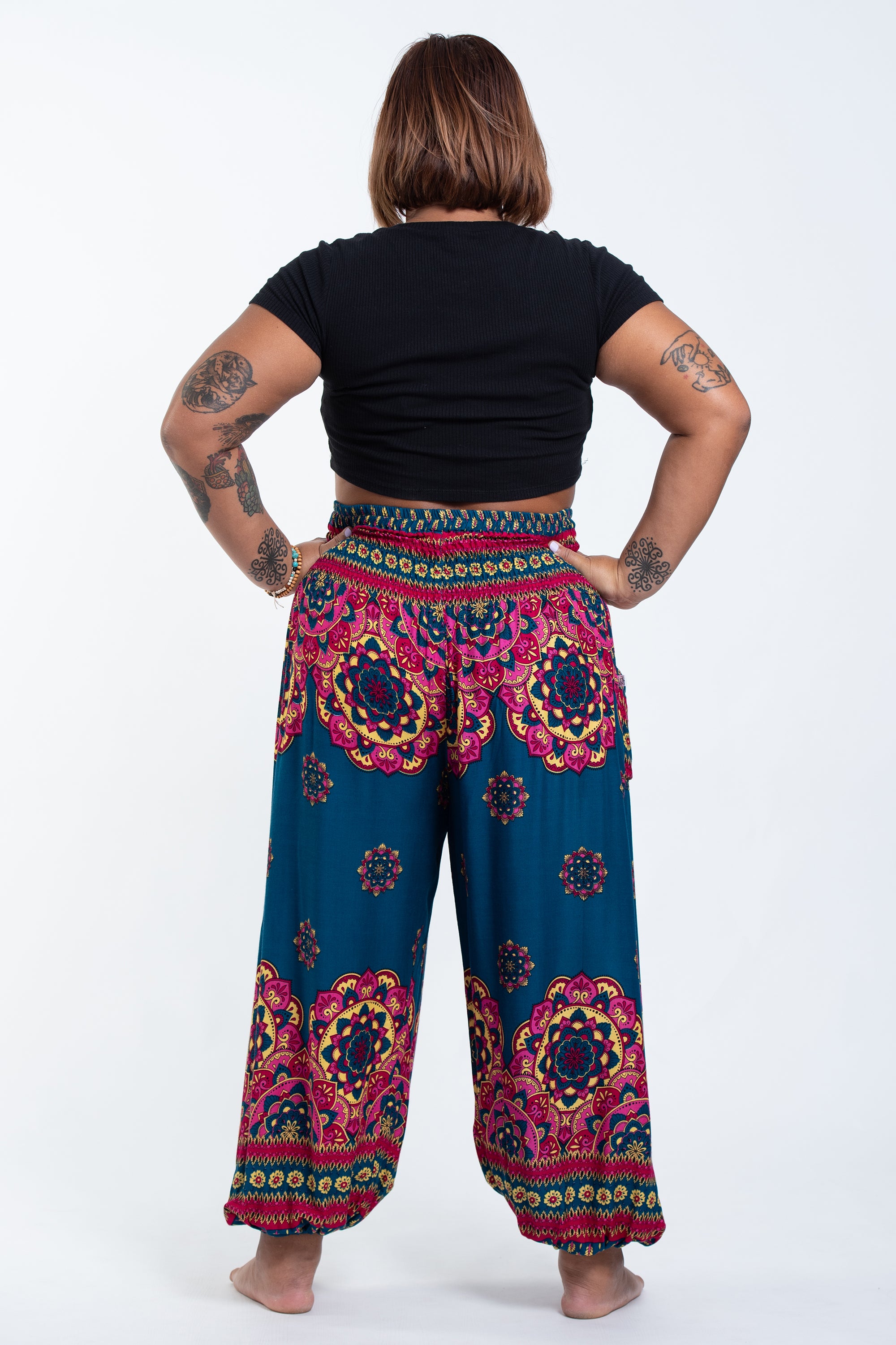 Plus Size Lotus Mandalas Women's Harem Pants in Turquoise