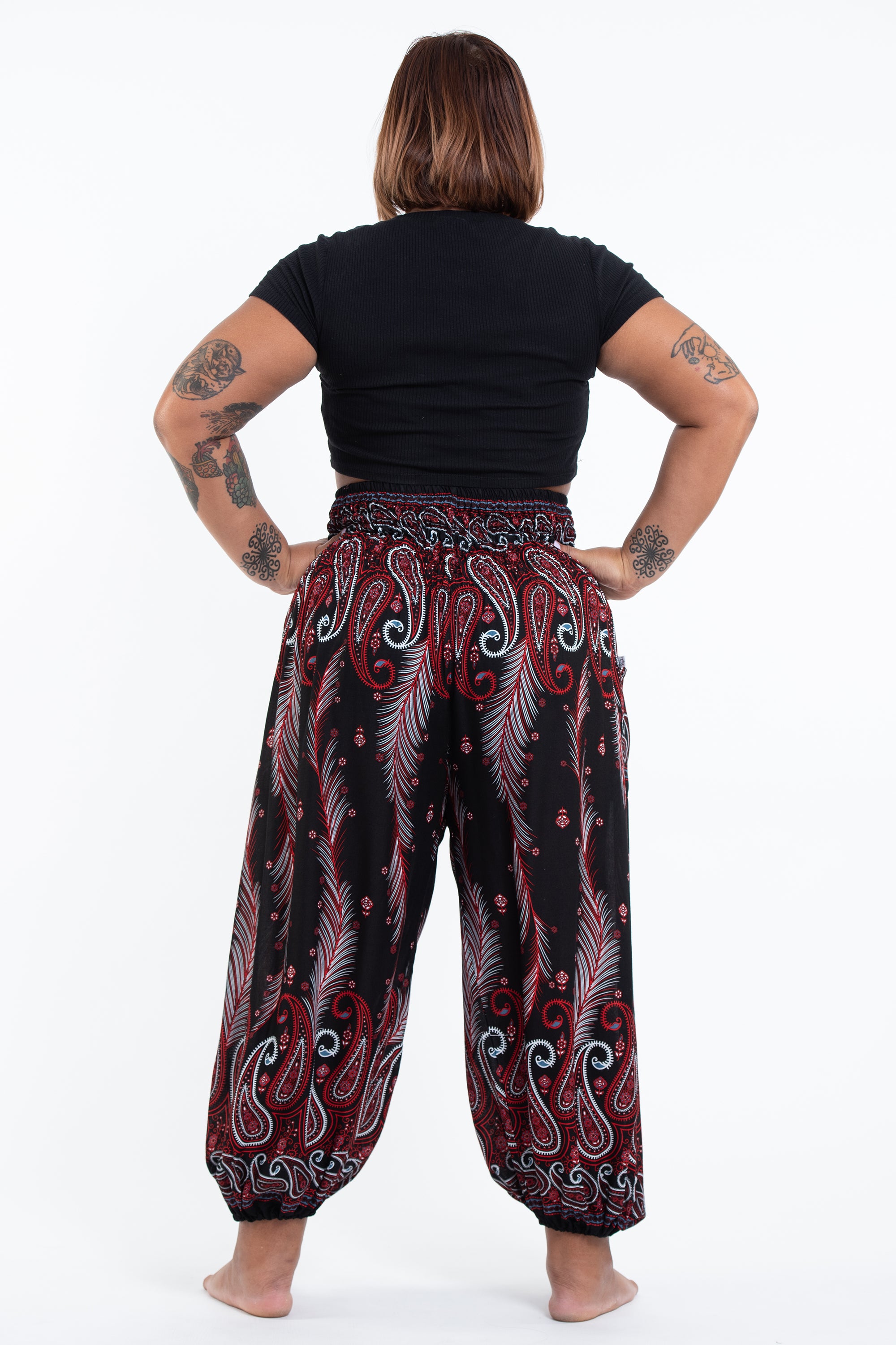 Plus Size Paisley Feathers Women's Harem Pants in Black
