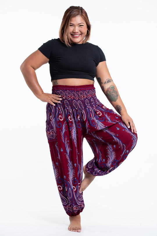 Plus Size Paisley Feathers Women's Harem Pants in Red